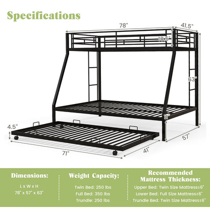 Twin Over Full Bunk Bed Frame with Trundle for Guest Room, Black Bunk Bed Frame   at Gallery Canada