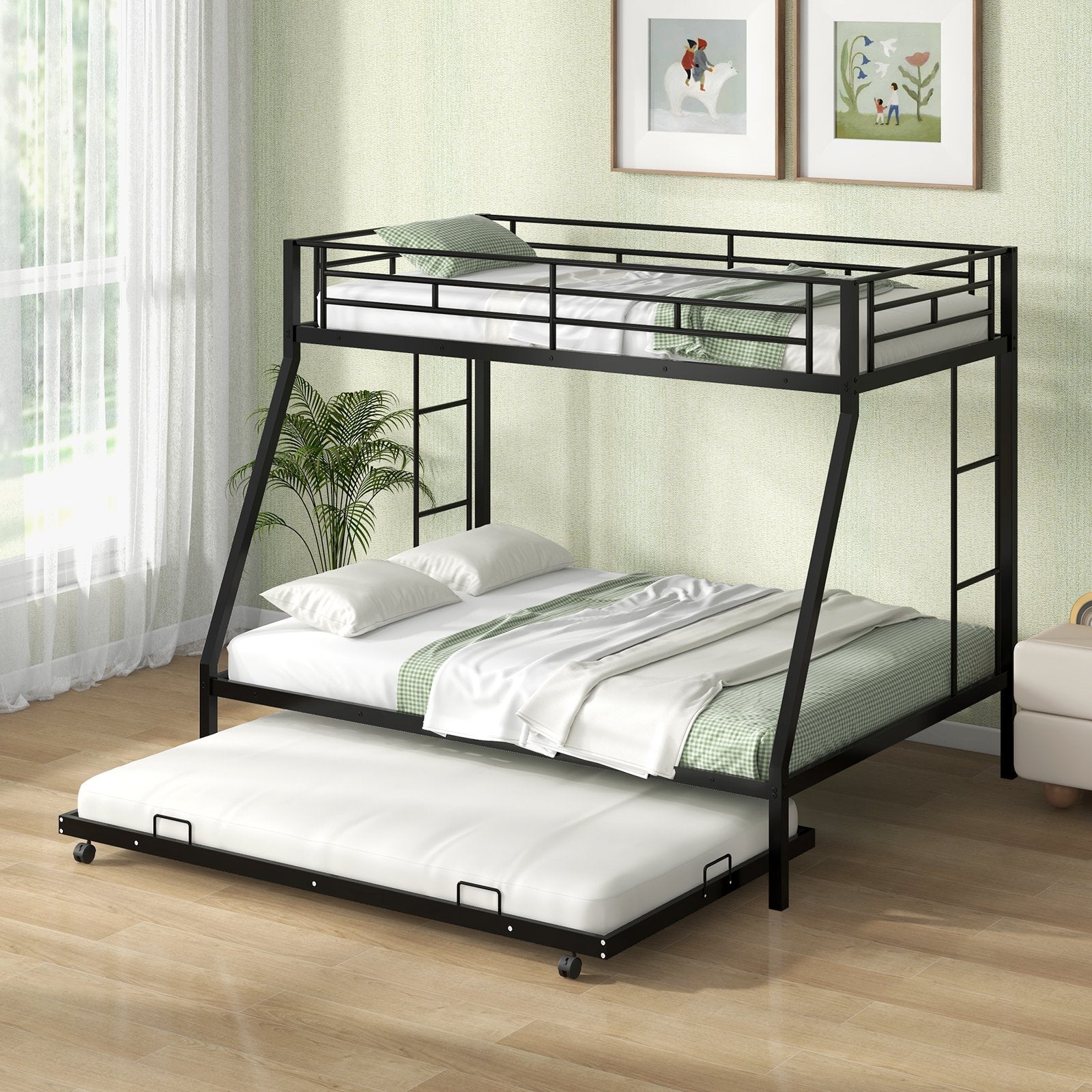 Twin Over Full Bunk Bed Frame with Trundle for Guest Room, Black Bunk Bed Frame   at Gallery Canada