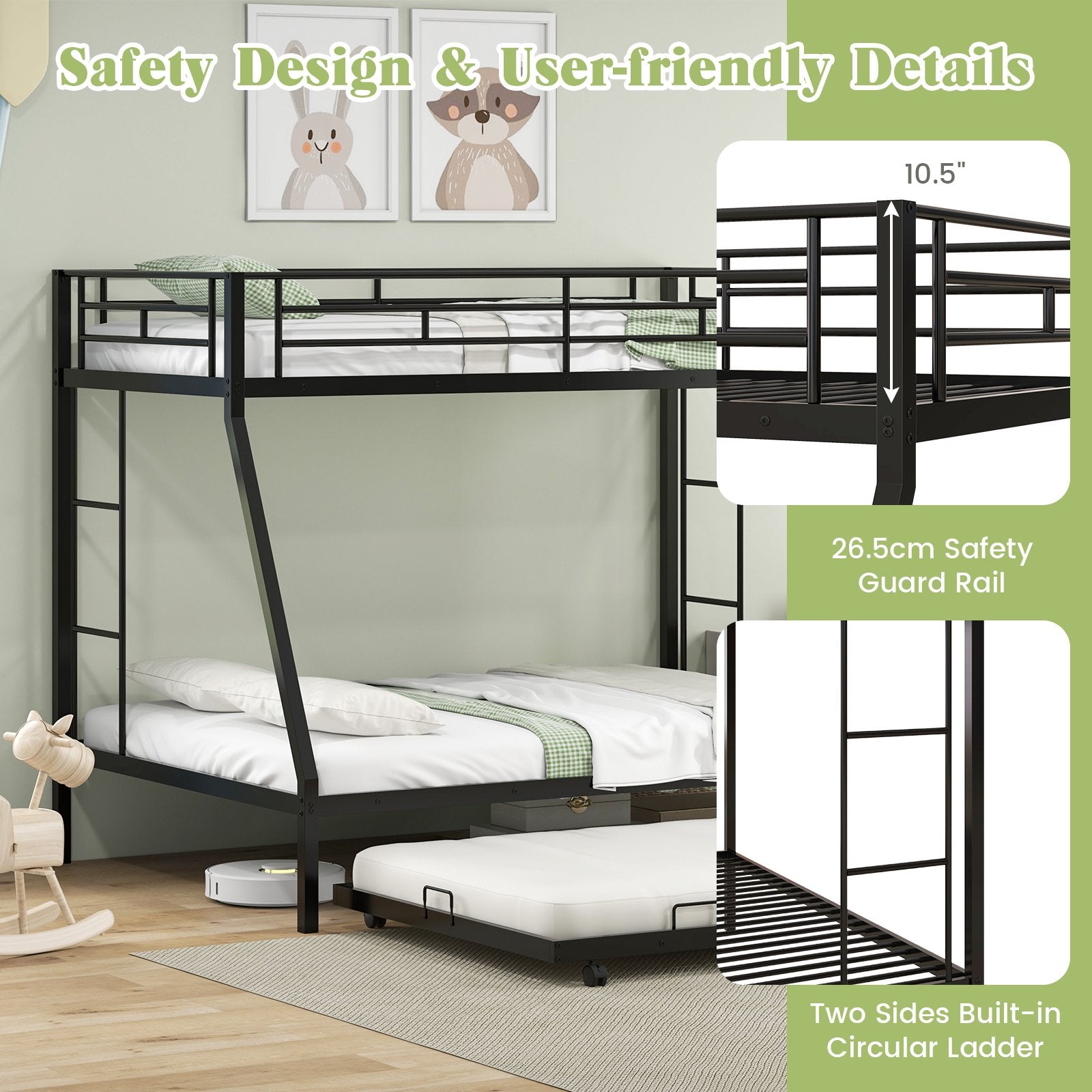 Twin Over Full Bunk Bed Frame with Trundle for Guest Room, Black Bunk Bed Frame   at Gallery Canada