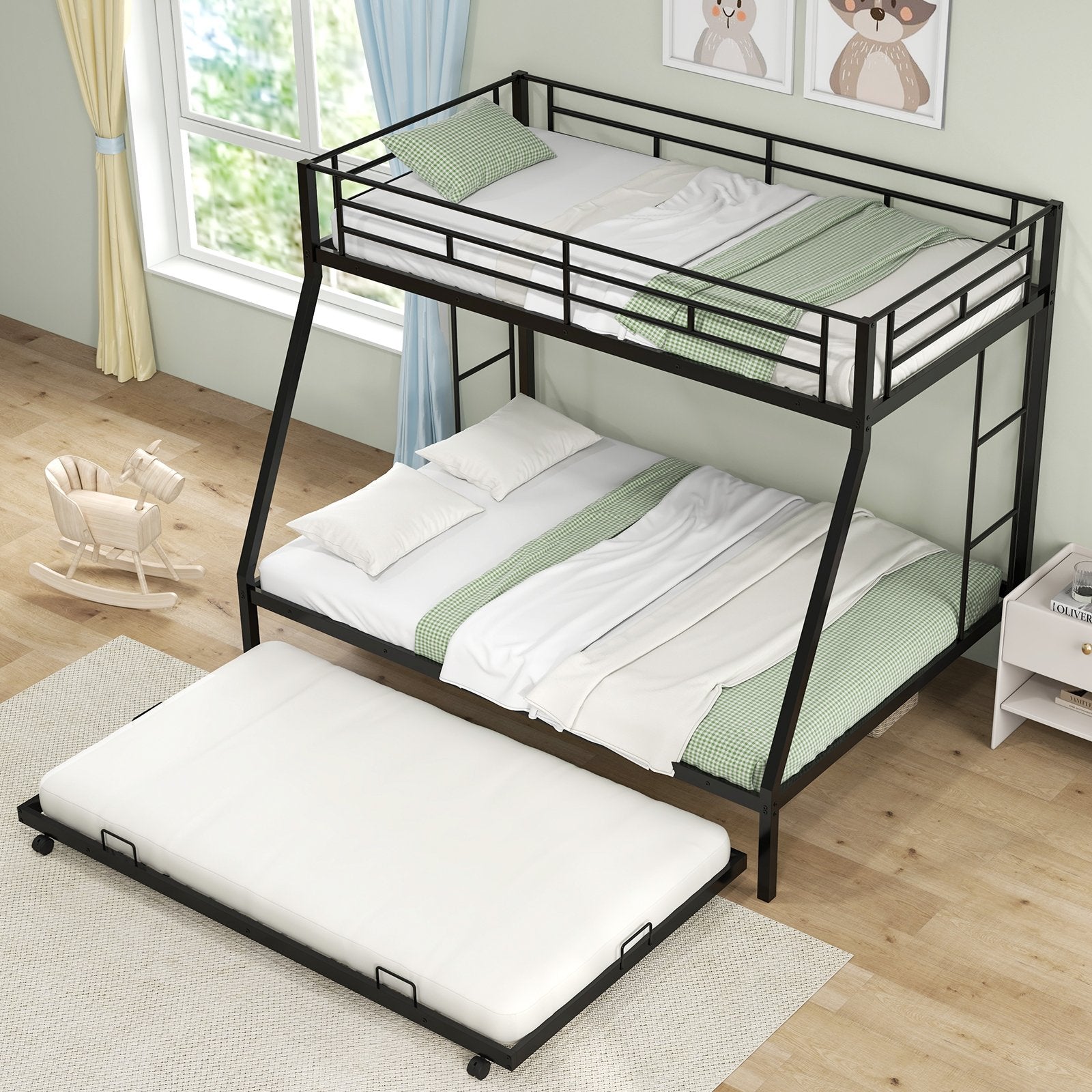 Twin Over Full Bunk Bed Frame with Trundle for Guest Room, Black Bunk Bed Frame   at Gallery Canada