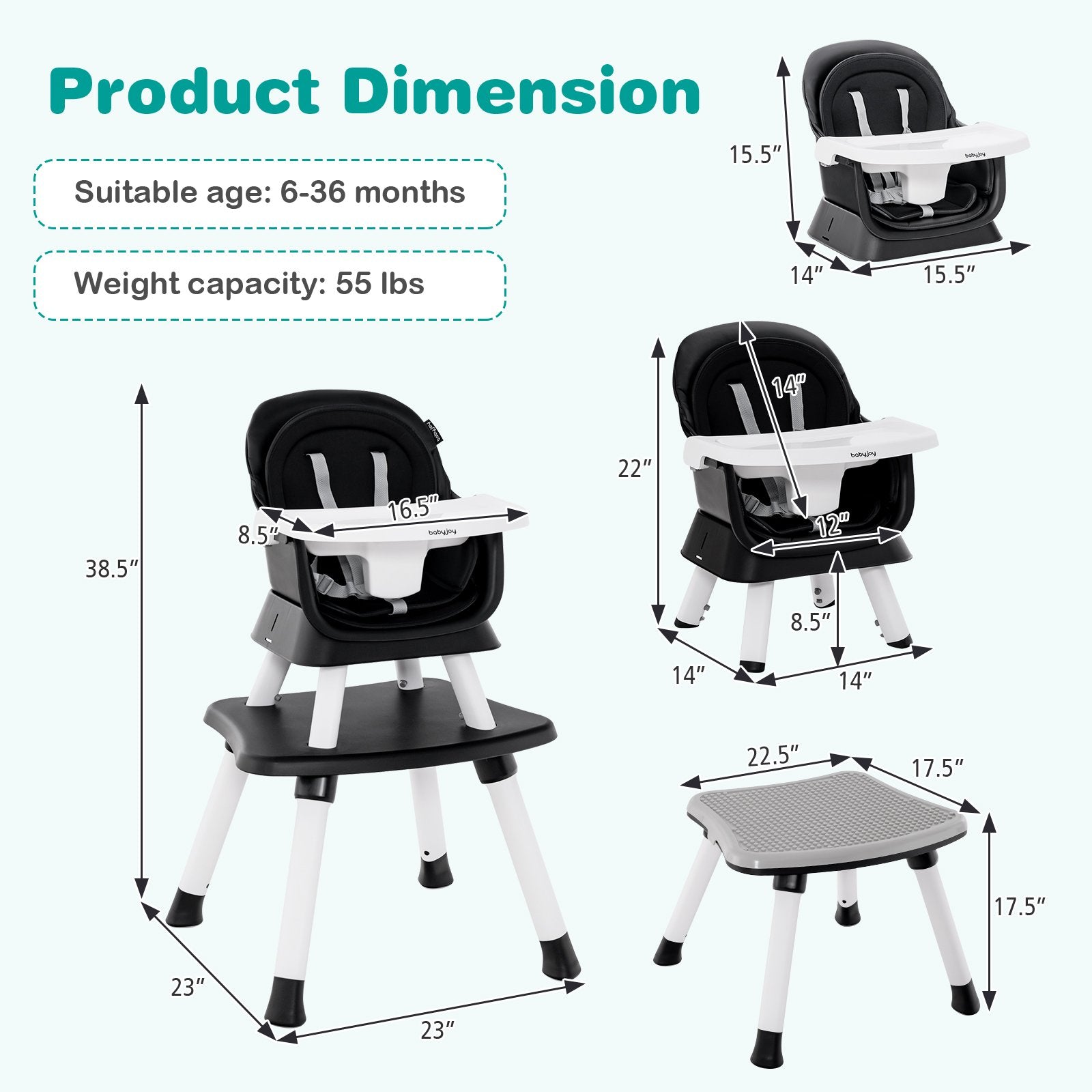 6-in-1 Convertible Baby High Chair with Adjustable Removable Tray, Black High Chairs   at Gallery Canada