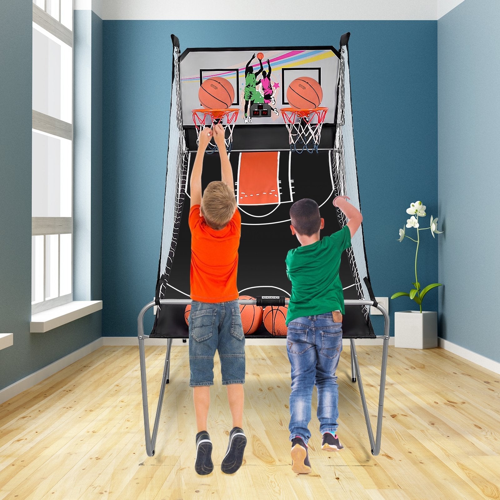 Indoor Double Electronic Basketball Game with 4 Balls-Grey, Gray Game Room   at Gallery Canada