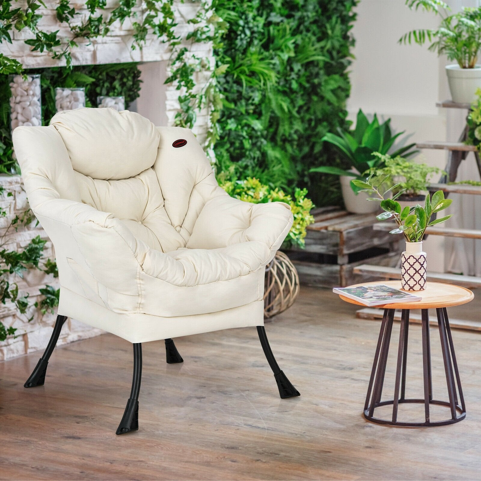 Modern Polyester Fabric Lazy Chair with Steel Frame and Side Pocket, Beige Accent Chairs   at Gallery Canada