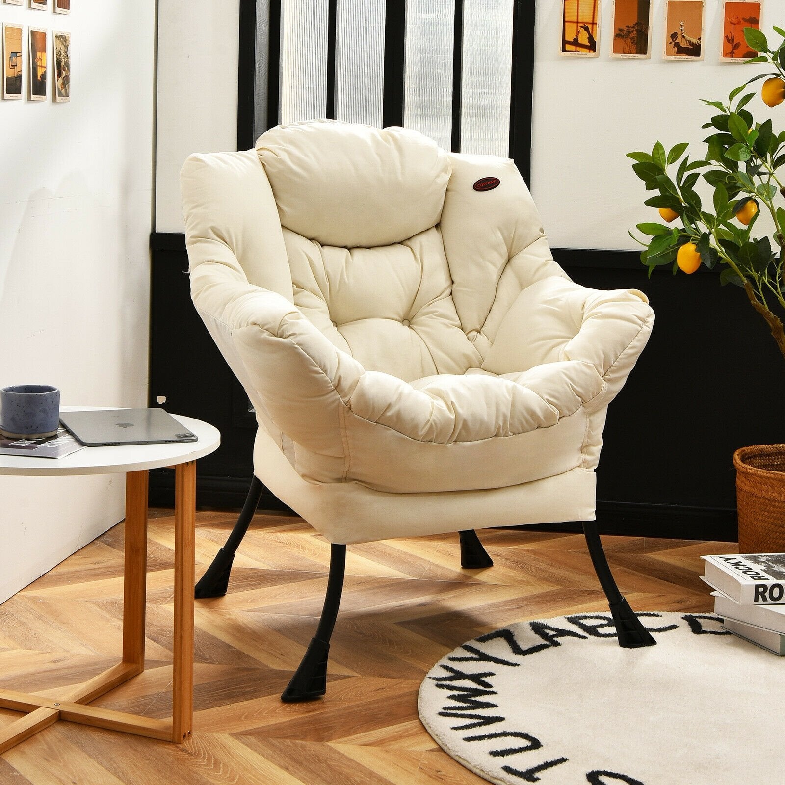 Modern Polyester Fabric Lazy Chair with Steel Frame and Side Pocket, Beige Accent Chairs   at Gallery Canada