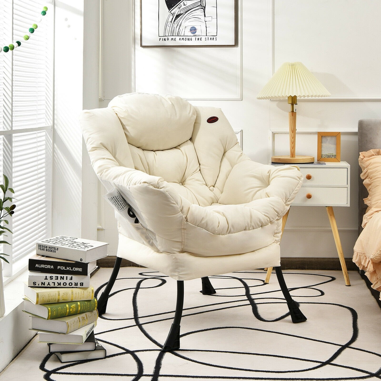 Modern Polyester Fabric Lazy Chair with Steel Frame and Side Pocket, Beige Accent Chairs   at Gallery Canada