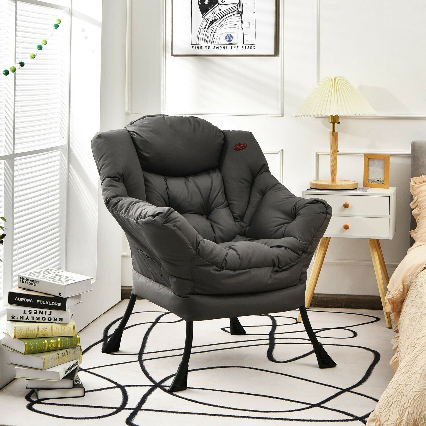 Modern Polyester Fabric Lazy Chair with Steel Frame and Side Pocket, Gray Accent Chairs   at Gallery Canada