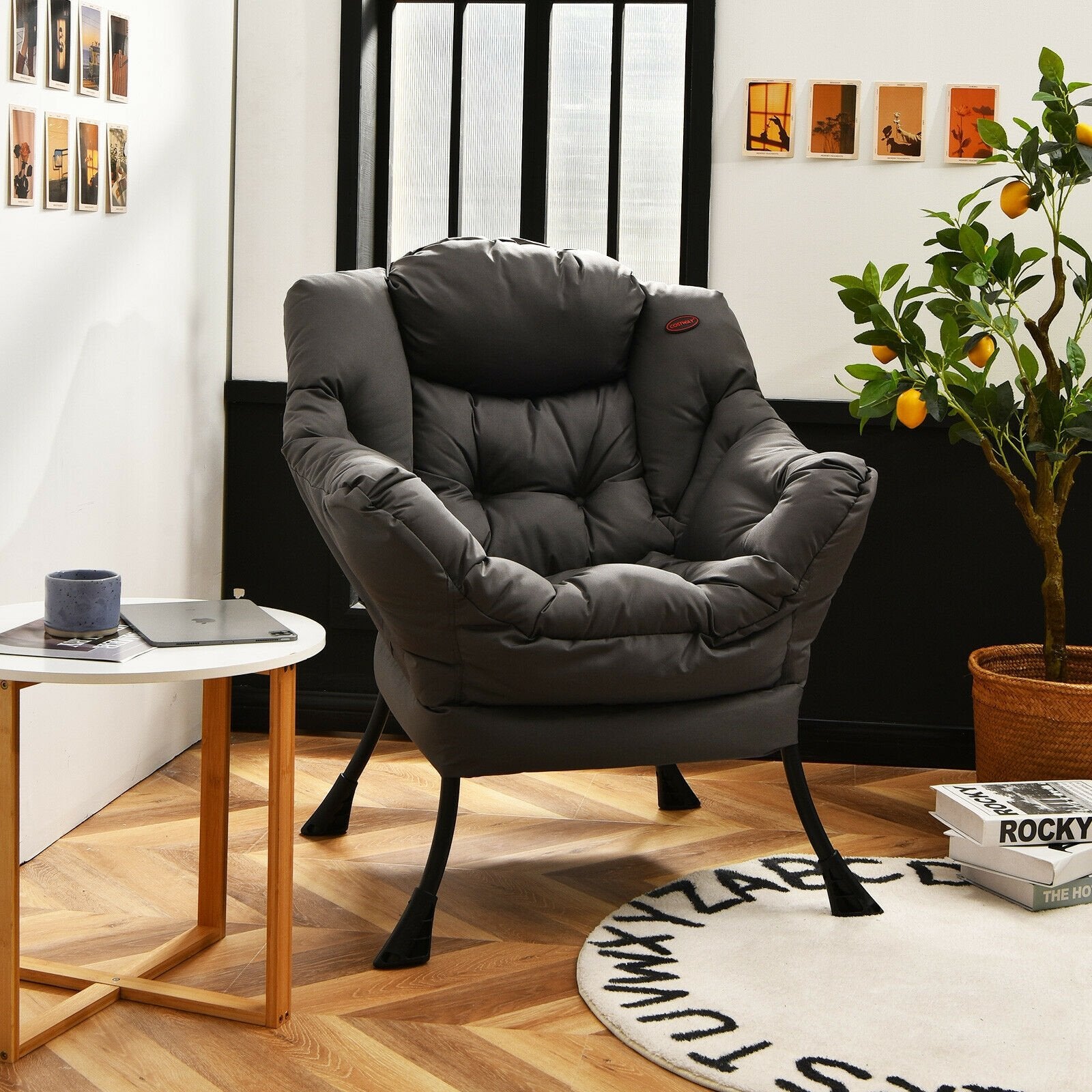 Modern Polyester Fabric Lazy Chair with Steel Frame and Side Pocket, Gray Accent Chairs   at Gallery Canada