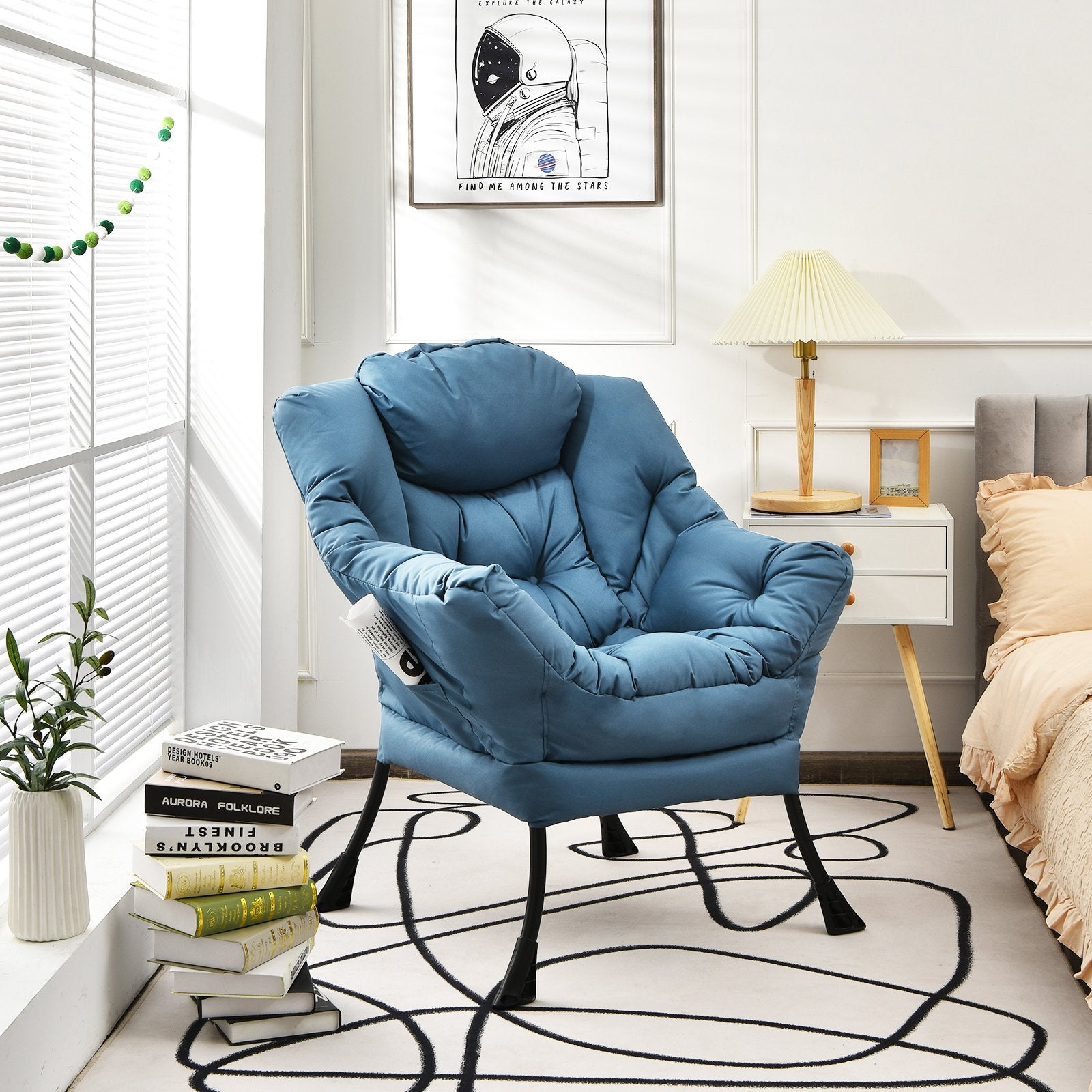 Modern Polyester Fabric Lazy Chair with Steel Frame and Side Pocket, Navy Accent Chairs   at Gallery Canada