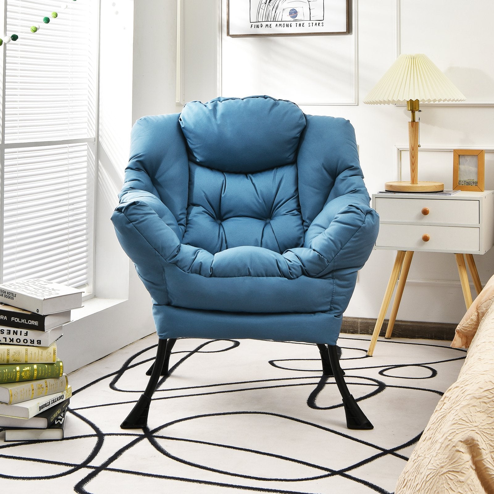 Modern Polyester Fabric Lazy Chair with Steel Frame and Side Pocket, Navy Accent Chairs   at Gallery Canada