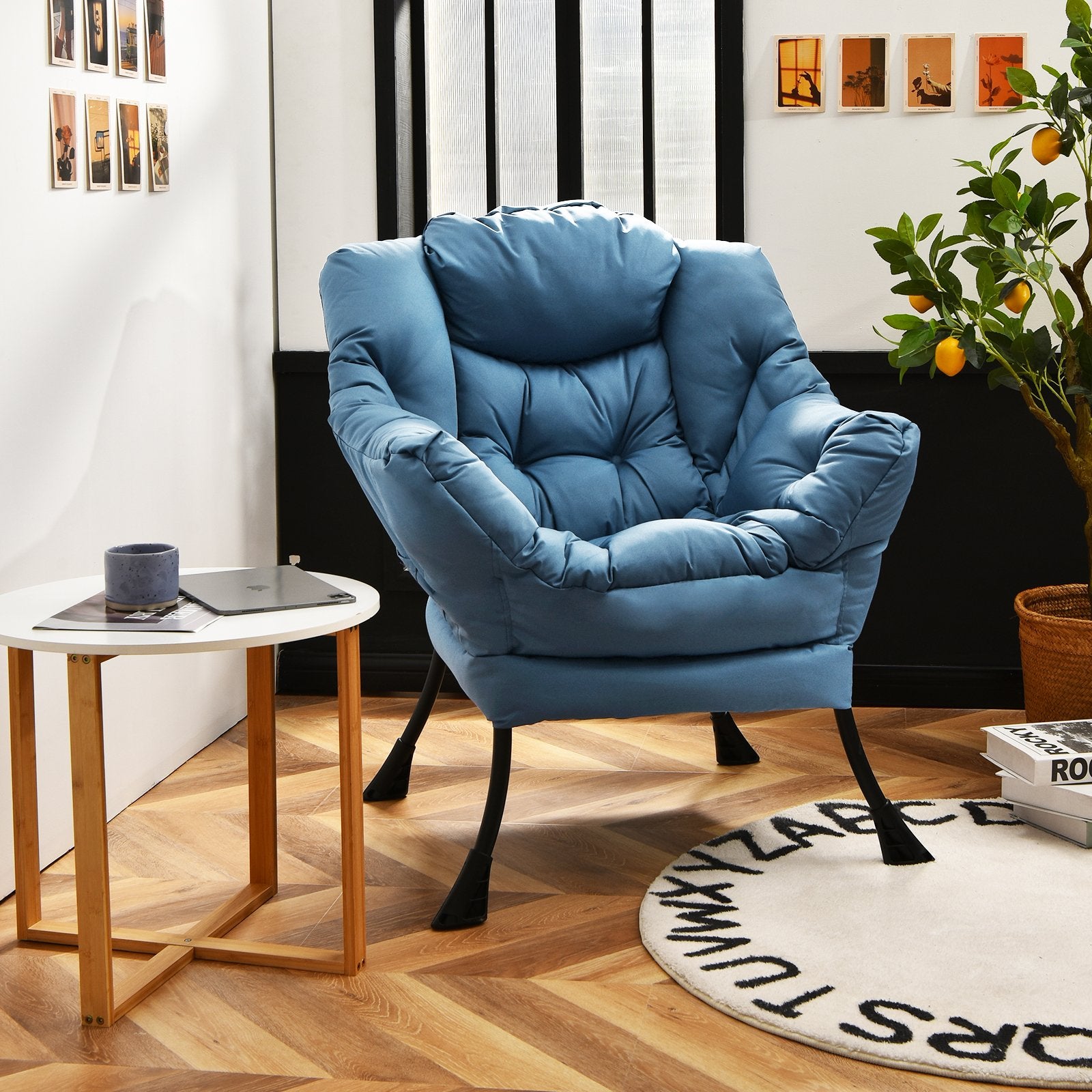 Modern Polyester Fabric Lazy Chair with Steel Frame and Side Pocket, Navy Accent Chairs   at Gallery Canada