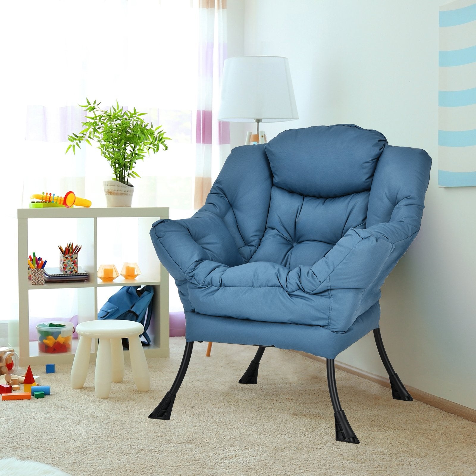 Modern Polyester Fabric Lazy Chair with Steel Frame and Side Pocket, Navy Accent Chairs   at Gallery Canada