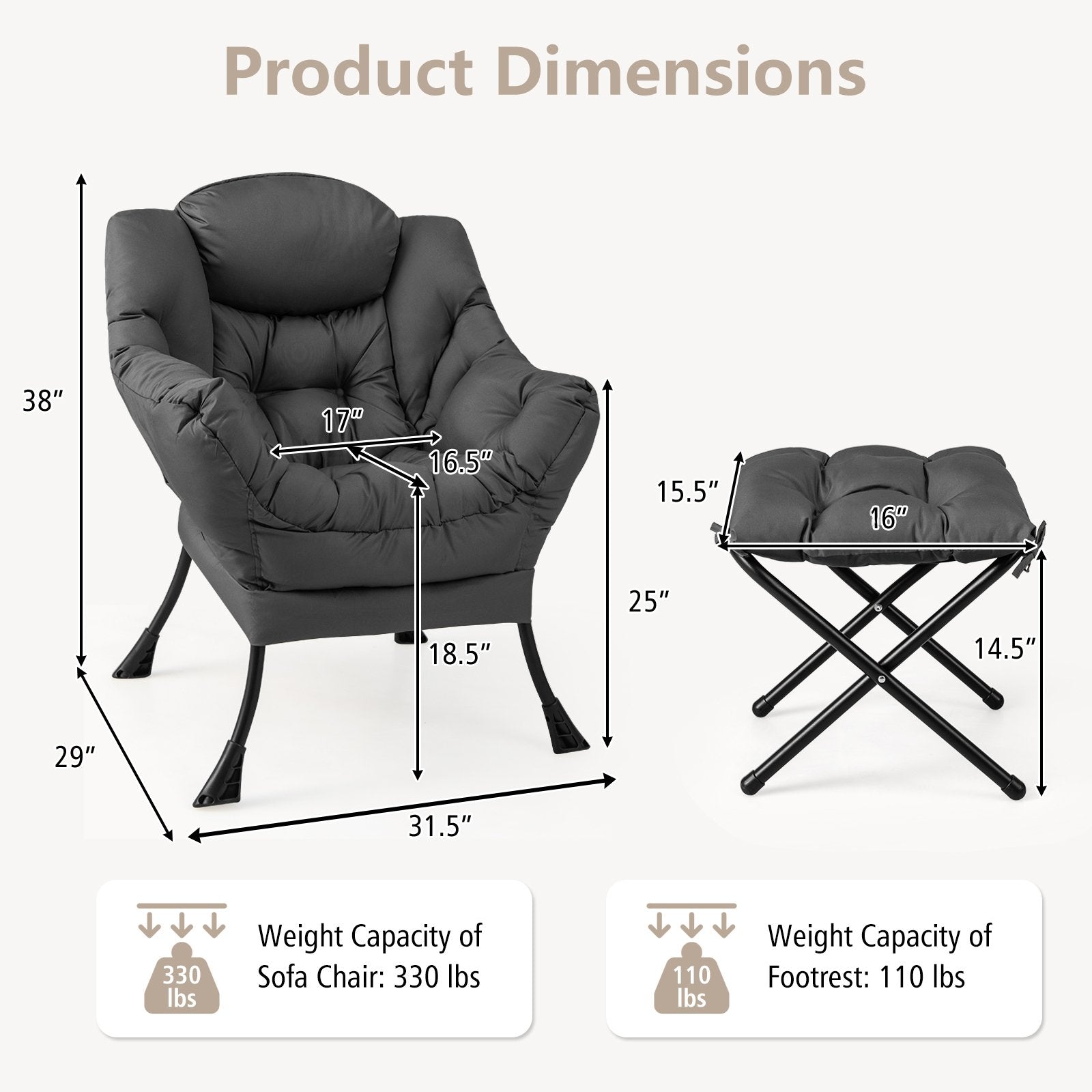 Modern Accent Sofa Chair with Folding Footrest and Side Pocket, Gray Accent Chairs   at Gallery Canada