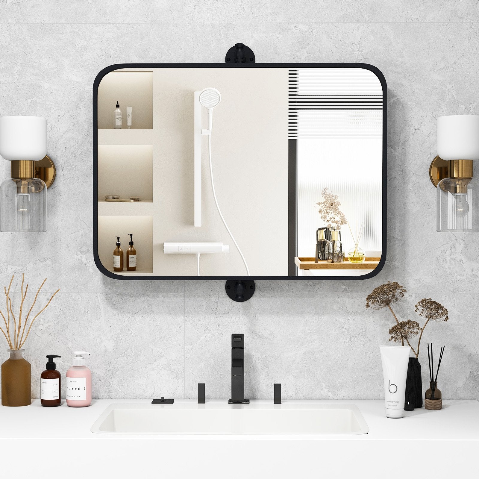 30 x 22 Inch Black Metal Framed Pivot Rectangle Wall-Mounted Mirror, Black Wall Mirrors   at Gallery Canada