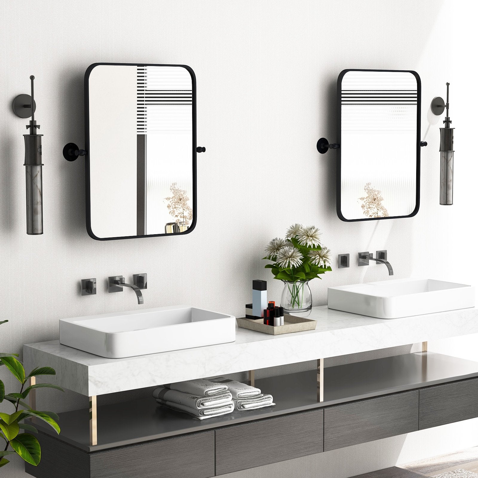 30 x 22 Inch Black Metal Framed Pivot Rectangle Wall-Mounted Mirror, Black Wall Mirrors   at Gallery Canada