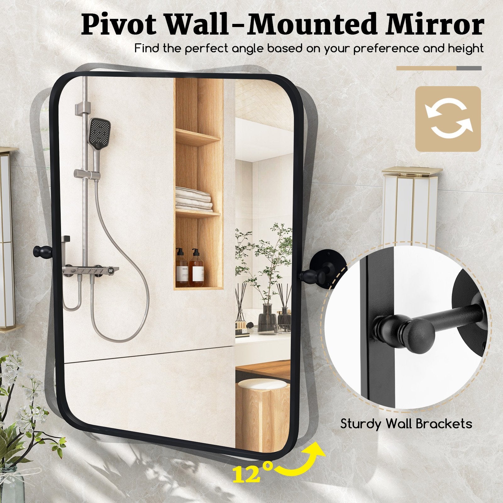 30 x 22 Inch Black Metal Framed Pivot Rectangle Wall-Mounted Mirror, Black Wall Mirrors   at Gallery Canada