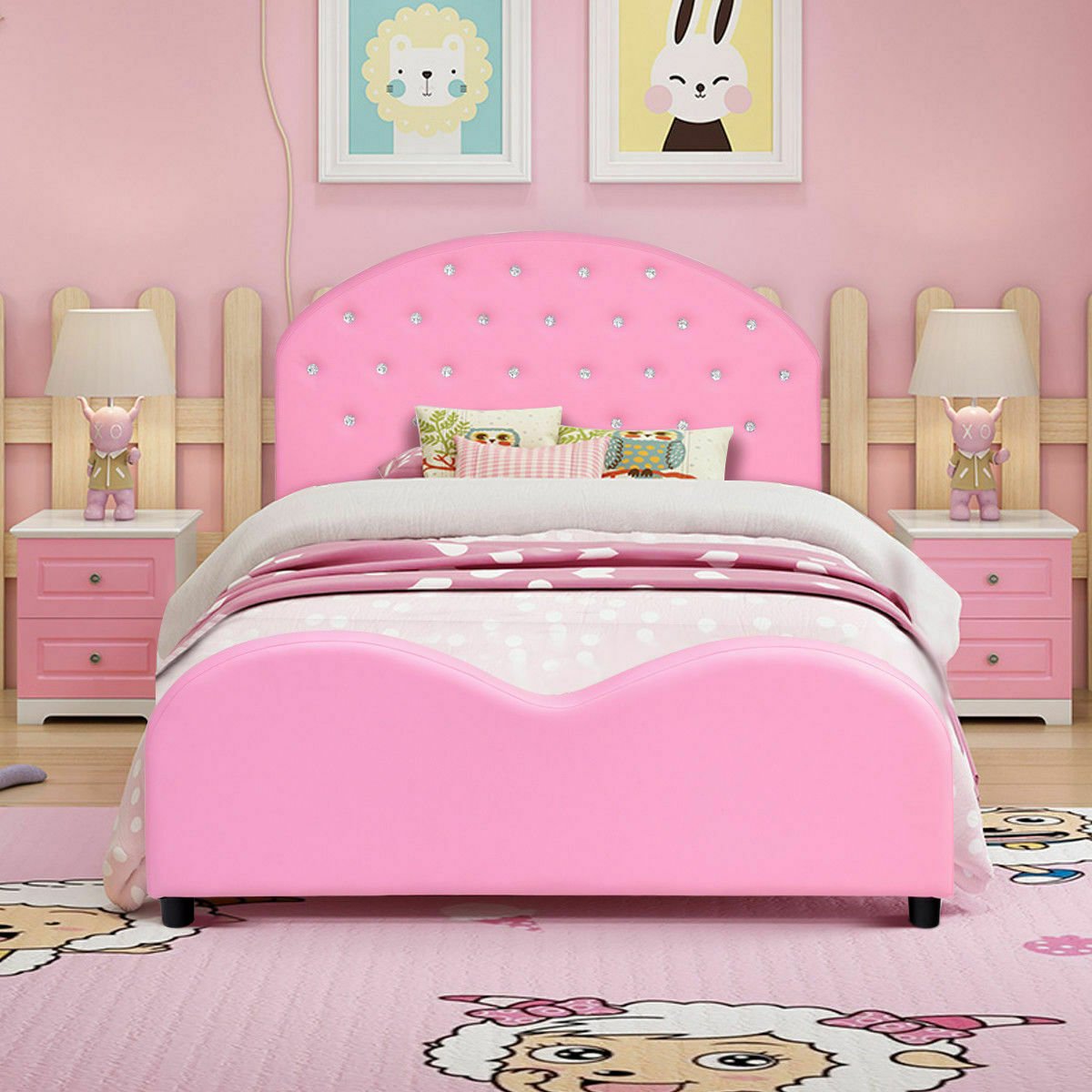 Twin Size Upholstered Platform Toddler Bed with Wood Slat Support, Pink Toddler Beds   at Gallery Canada