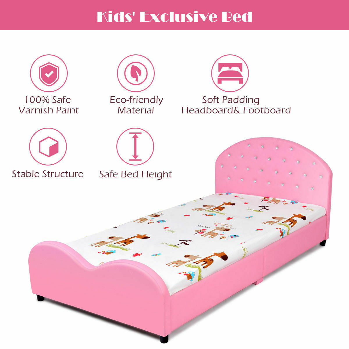 Twin Size Upholstered Platform Toddler Bed with Wood Slat Support, Pink Toddler Beds   at Gallery Canada