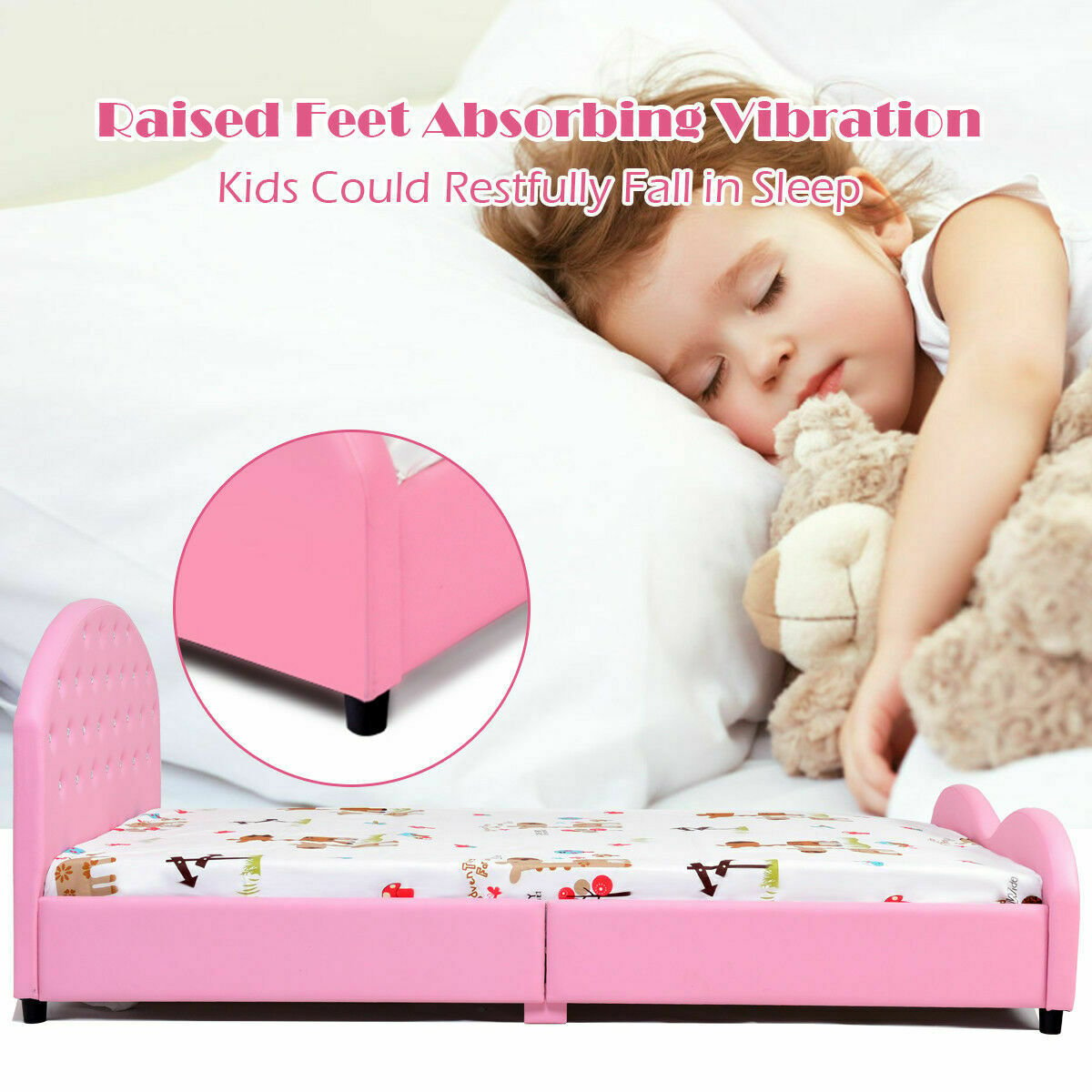 Twin Size Upholstered Platform Toddler Bed with Wood Slat Support, Pink Toddler Beds   at Gallery Canada