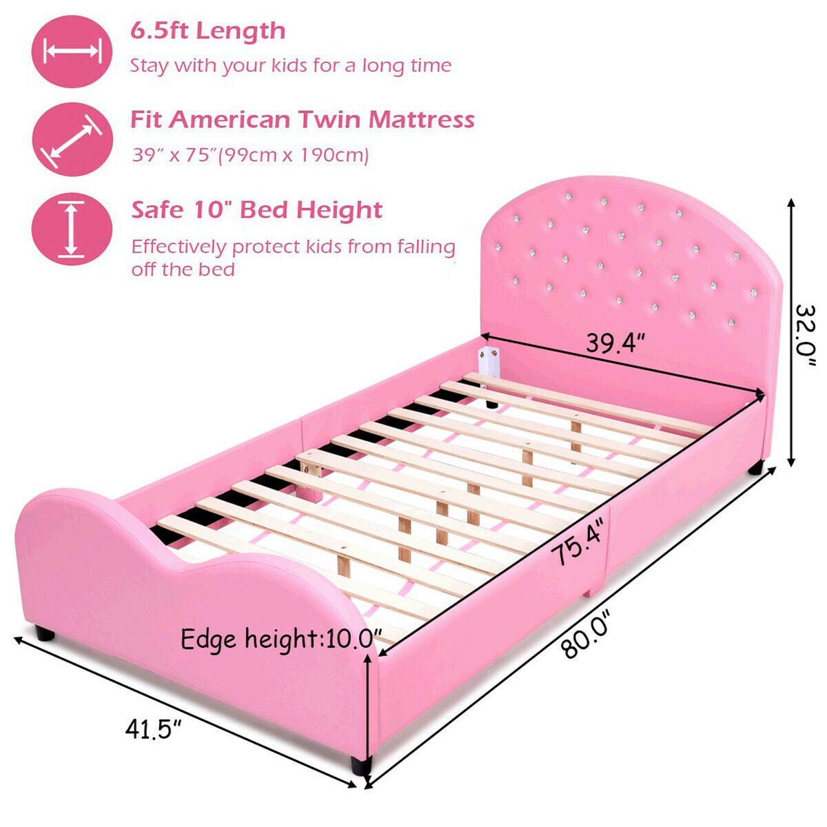 Twin Size Upholstered Platform Toddler Bed with Wood Slat Support, Pink Toddler Beds   at Gallery Canada