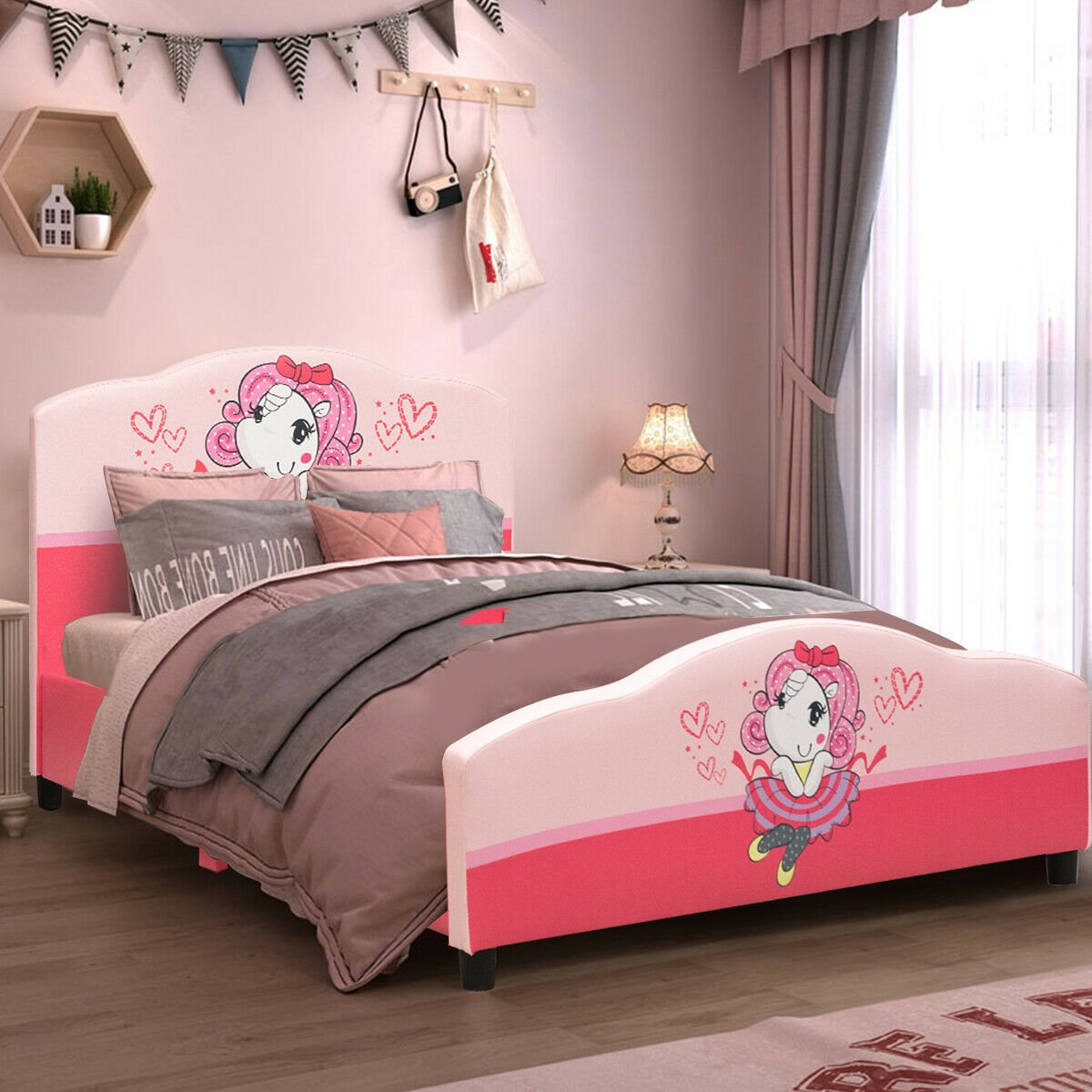 Kids Children Upholstered Platform Toddler Girl Pattern Bed, Pink Toddler Beds   at Gallery Canada