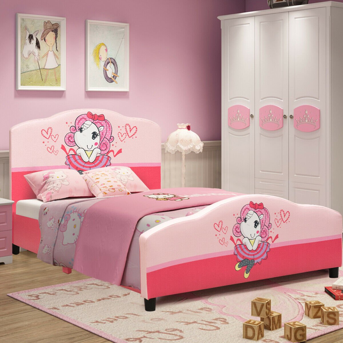 Kids Children Upholstered Platform Toddler Girl Pattern Bed, Pink Toddler Beds   at Gallery Canada