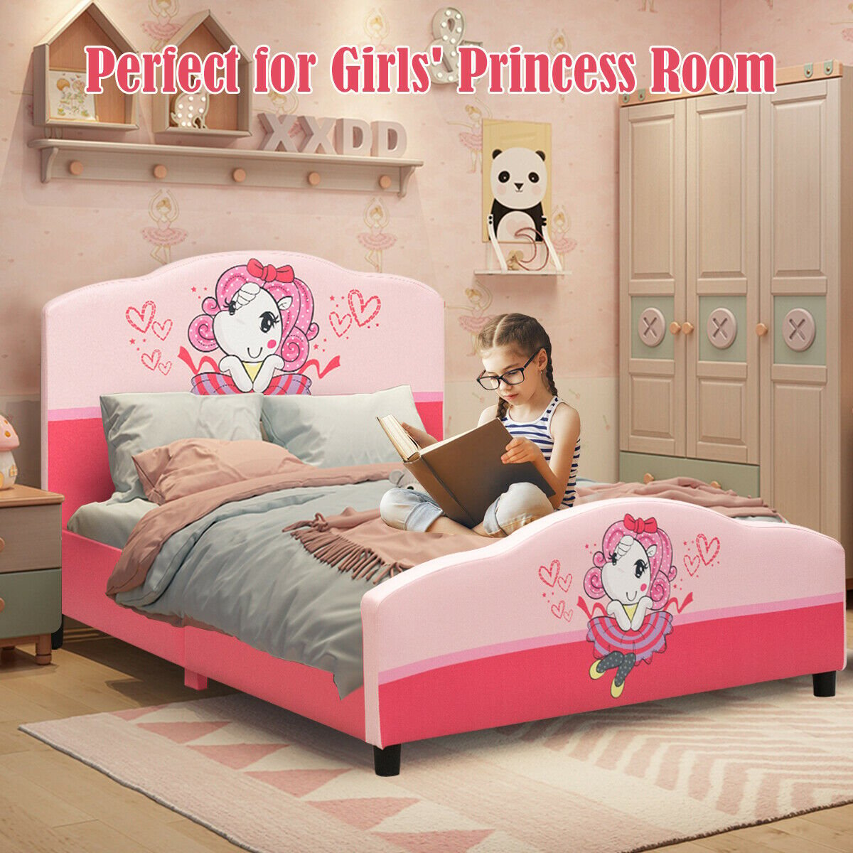 Kids Children Upholstered Platform Toddler Girl Pattern Bed, Pink Toddler Beds   at Gallery Canada