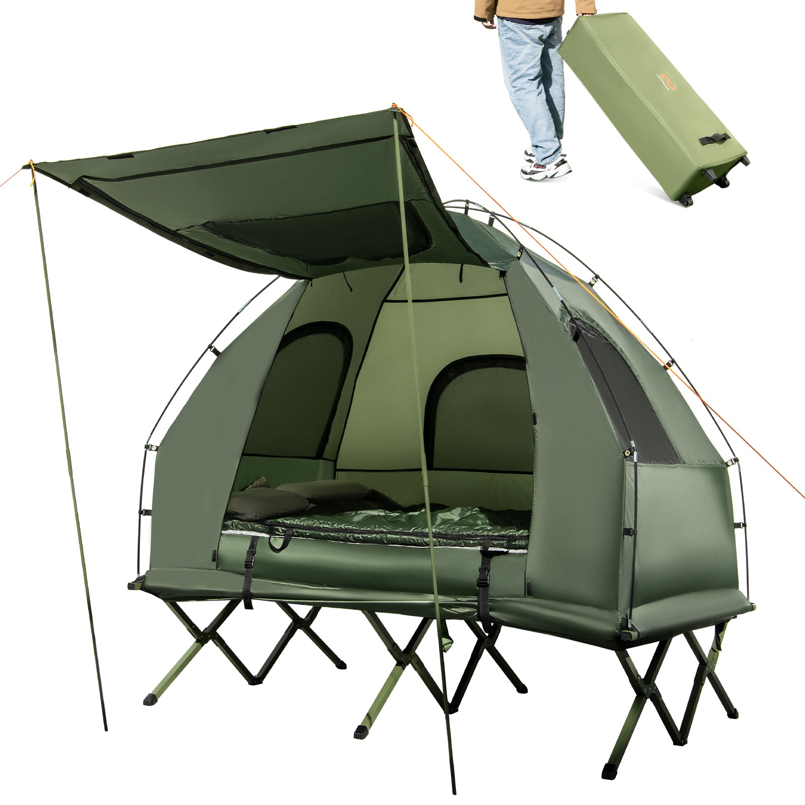 5-in-1 2-Person Foldable Outdoor Camping Tent Cot with Air Mattress and Sleeping Bag, Green Tents at Gallery Canada