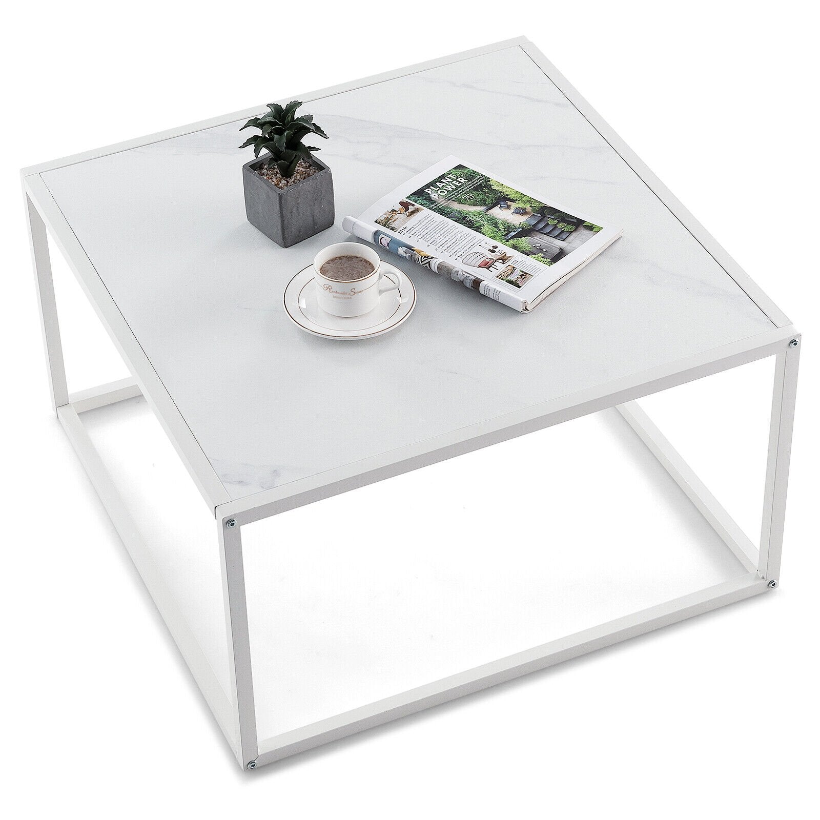 Modern Glass Square Coffee Table with Metal Frame for Living Room, White Coffee Tables   at Gallery Canada