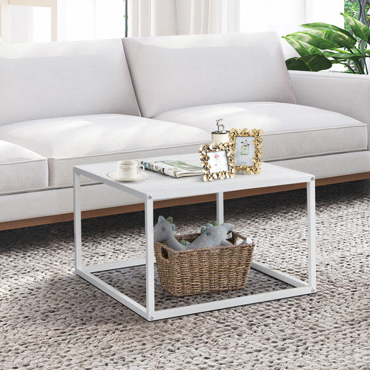 Modern Glass Square Coffee Table with Metal Frame for Living Room, White - Gallery Canada