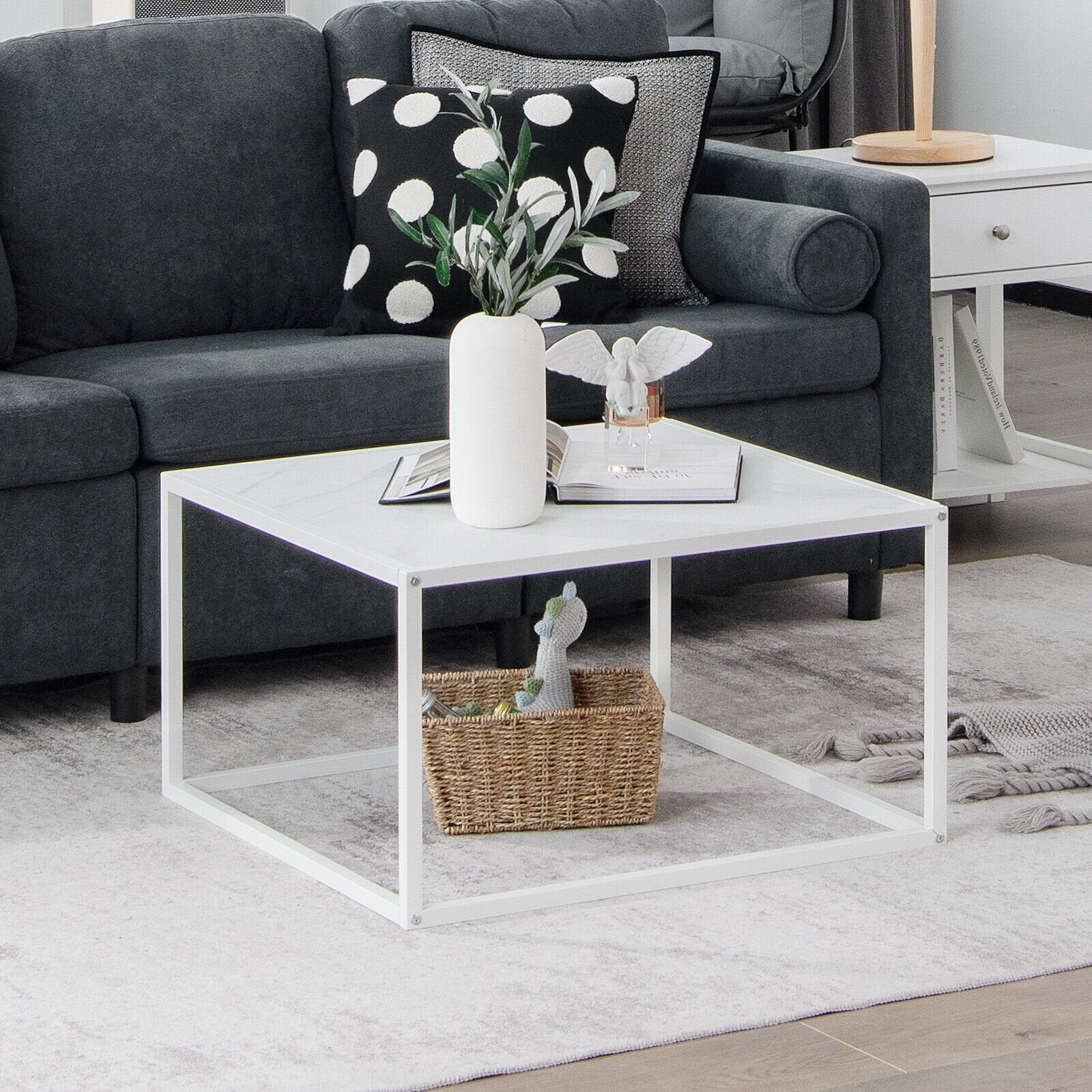 Modern Glass Square Coffee Table with Metal Frame for Living Room, White Coffee Tables   at Gallery Canada