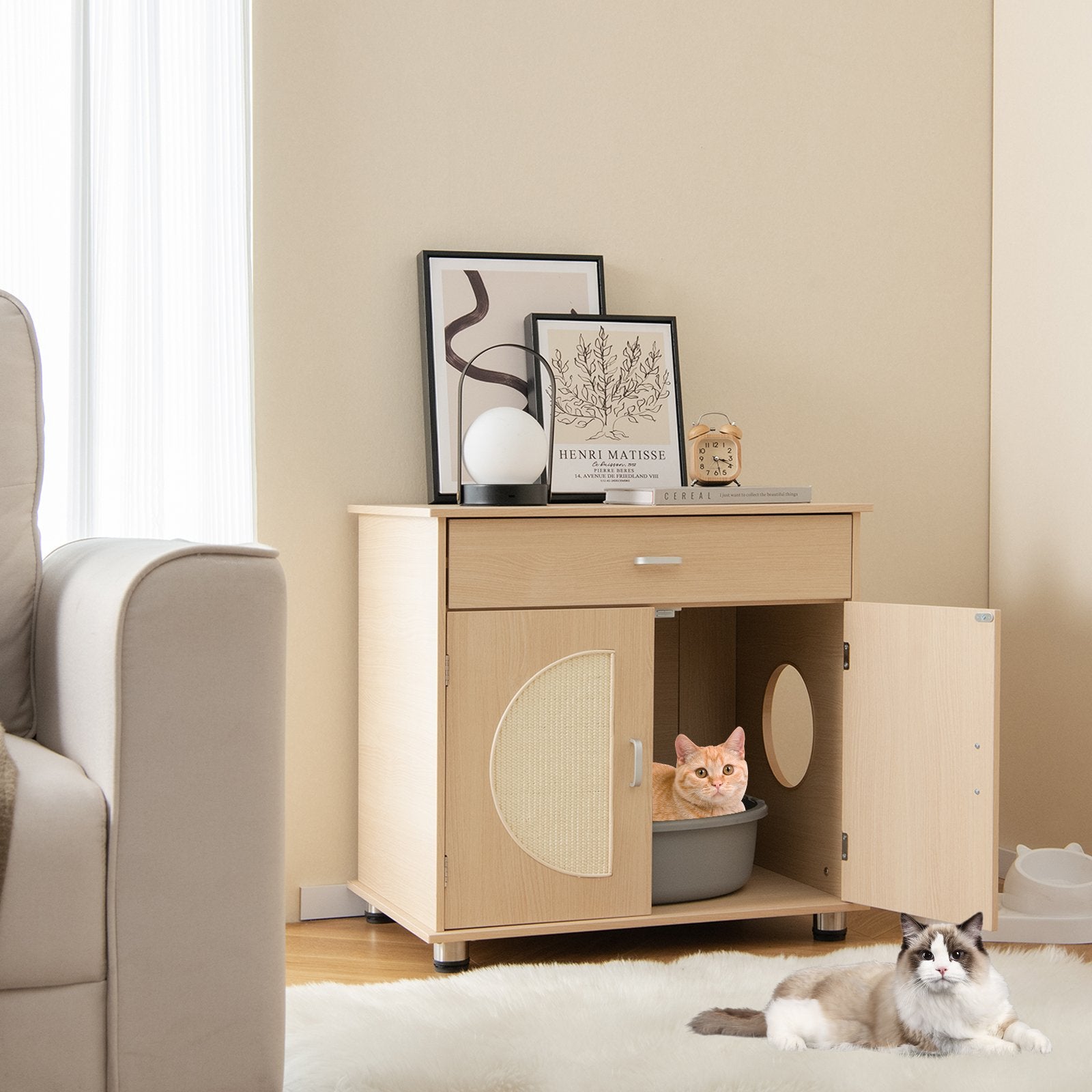 Cat Litter Box Enclosure with Sisal Scratching Doors and Storage, Natural Cat Houses   at Gallery Canada