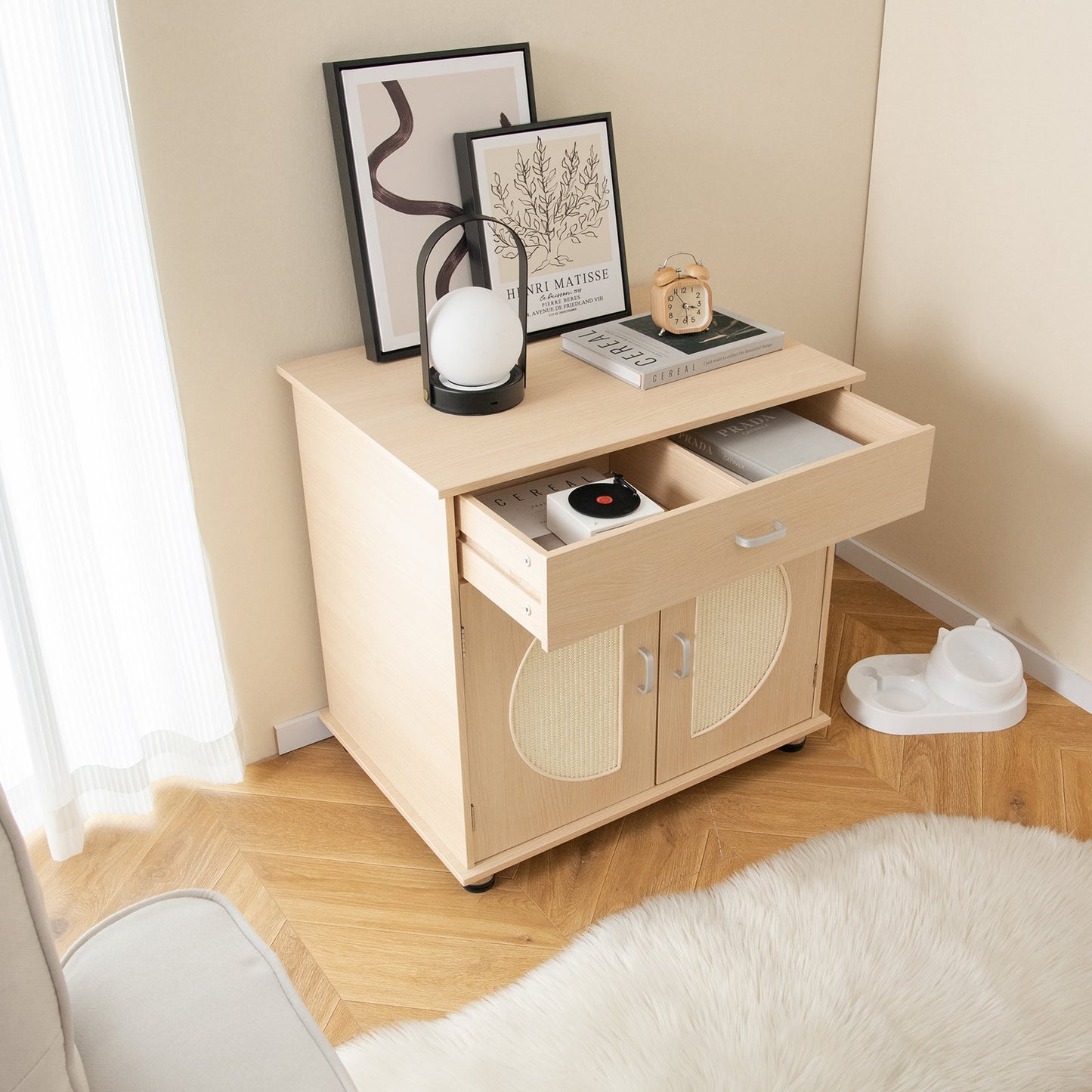 Cat Litter Box Enclosure with Sisal Scratching Doors and Storage, Natural Cat Houses   at Gallery Canada