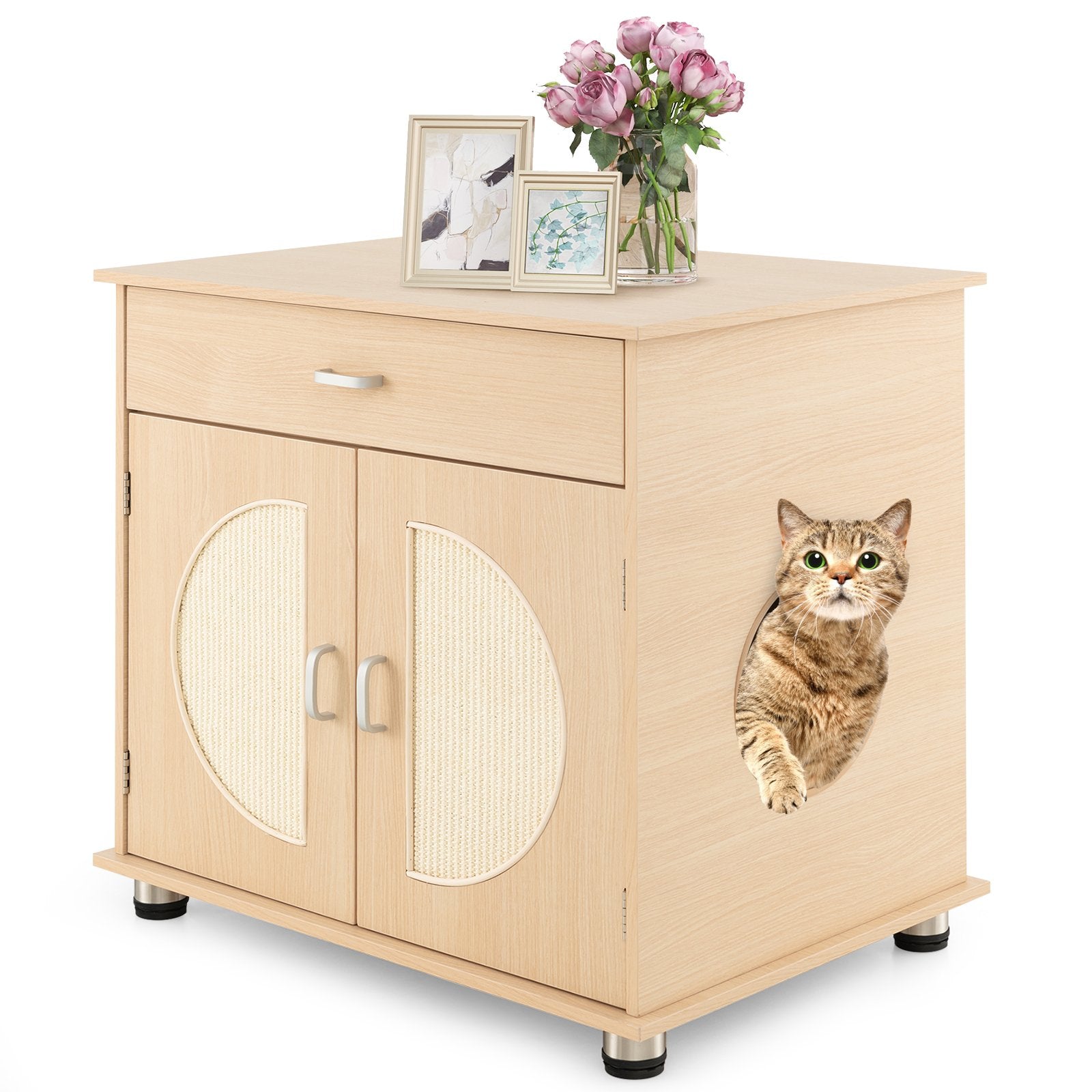 Cat Litter Box Enclosure with Sisal Scratching Doors and Storage, Natural Cat Houses   at Gallery Canada