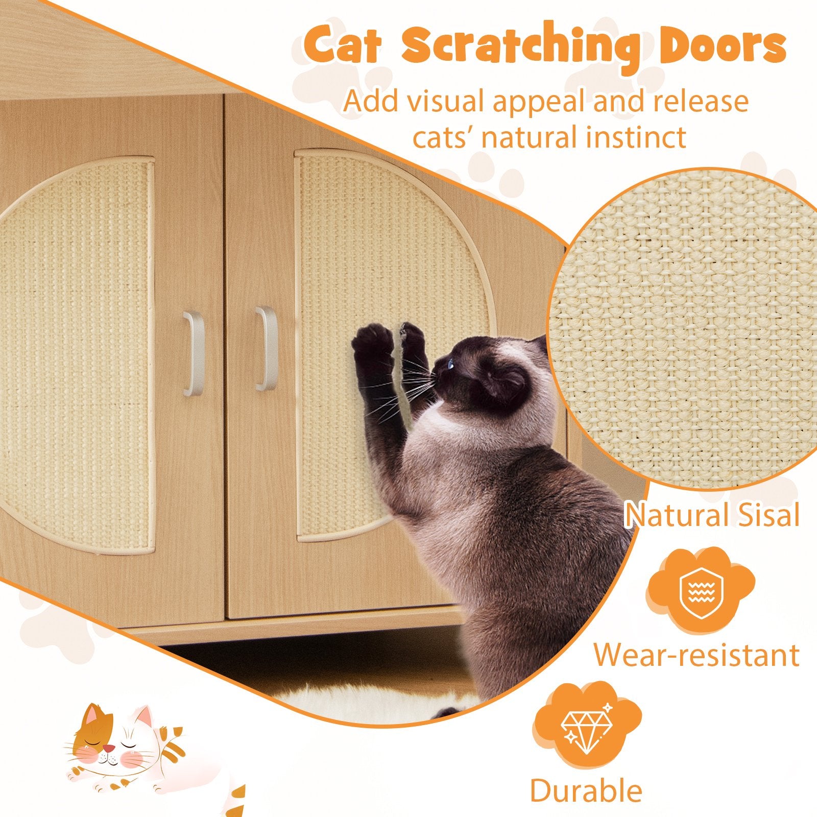 Cat Litter Box Enclosure with Sisal Scratching Doors and Storage, Natural Cat Houses   at Gallery Canada