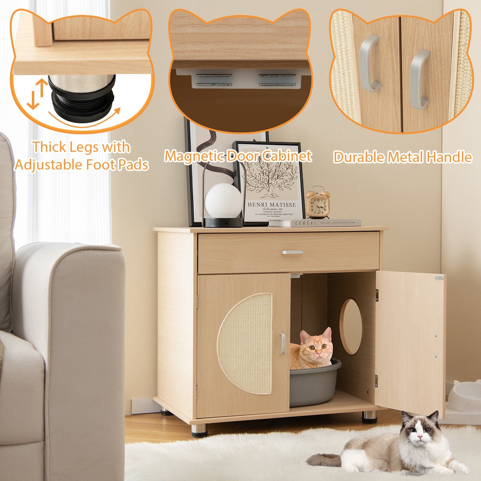 Cat Litter Box Enclosure with Sisal Scratching Doors and Storage, Natural Cat Houses   at Gallery Canada