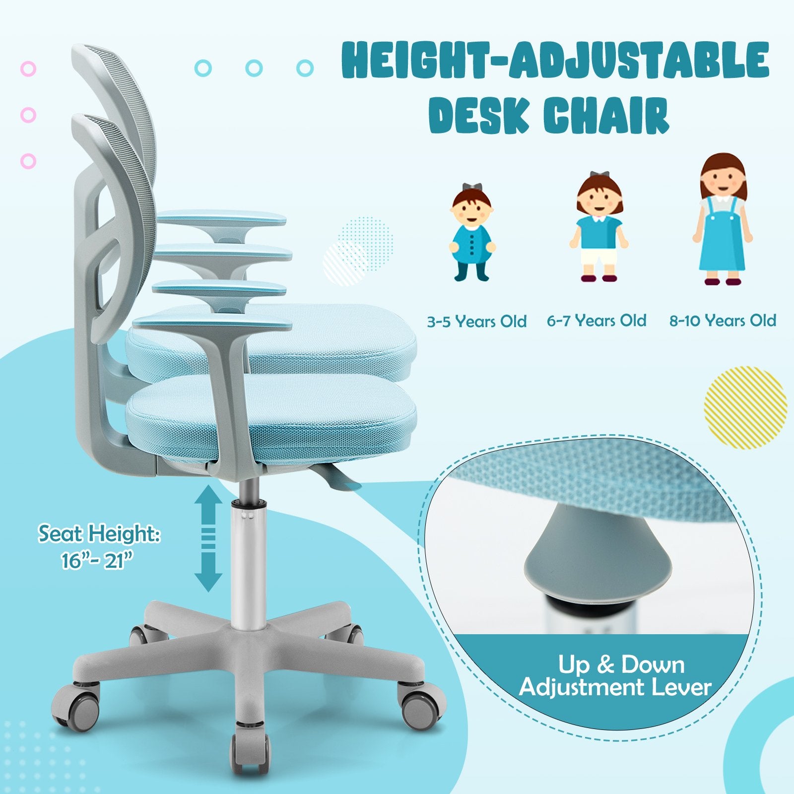 Adjustable Desk Chair with Auto Brake Casters for Kids, Blue - Gallery Canada