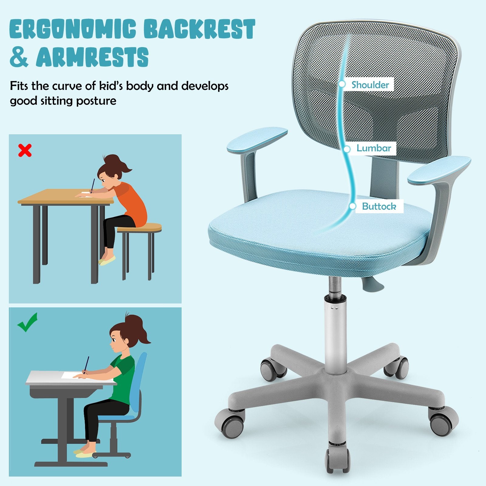 Adjustable Desk Chair with Auto Brake Casters for Kids, Blue Kids Chairs & Seating   at Gallery Canada