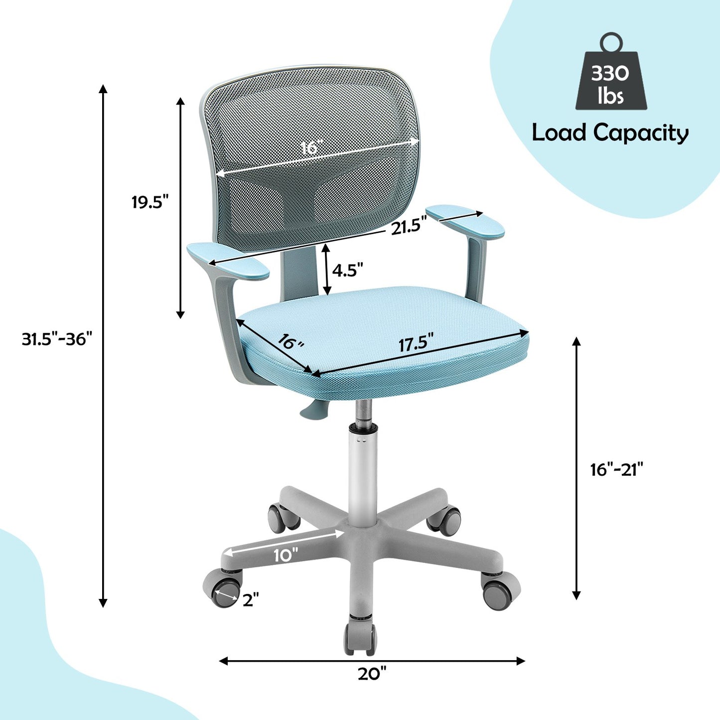 Adjustable Desk Chair with Auto Brake Casters for Kids, Blue - Gallery Canada