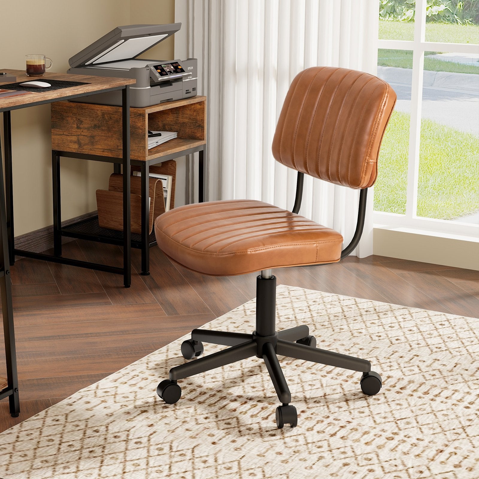 PU Leather Adjustable Office Chair Swivel Task Chair with Backrest, Orange Armless Chairs   at Gallery Canada