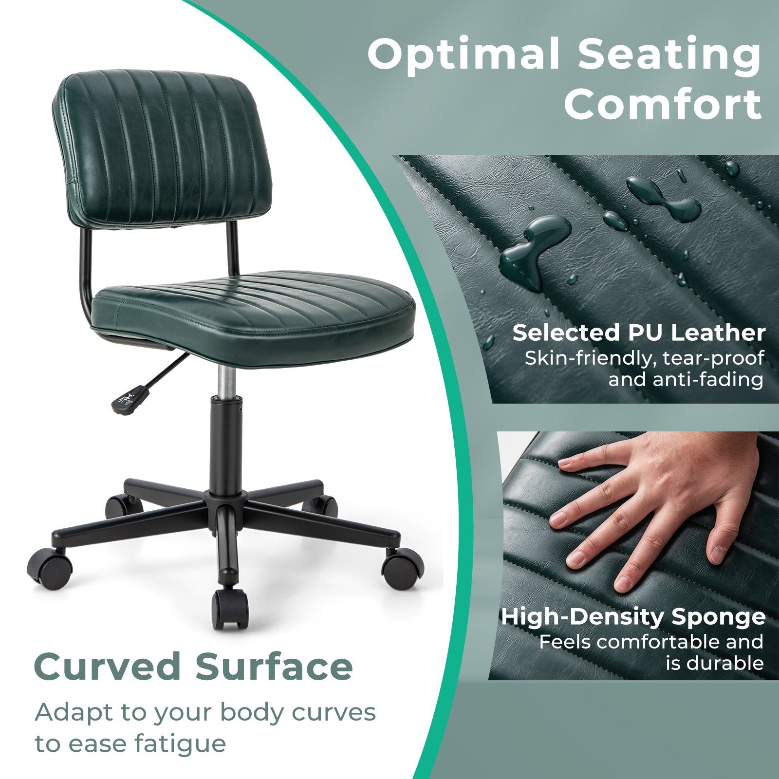 PU Leather Adjustable Office Chair  Swivel Task Chair with Backrest, Green Armless Chairs   at Gallery Canada