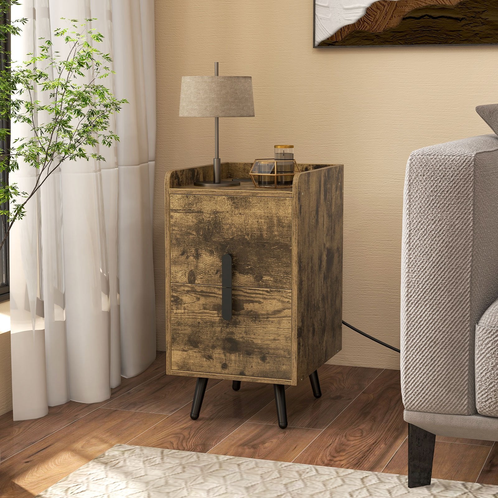 Nightstand Side Tables with 2 Drawers and 2 USB Ports, Rustic Brown Nightstands   at Gallery Canada