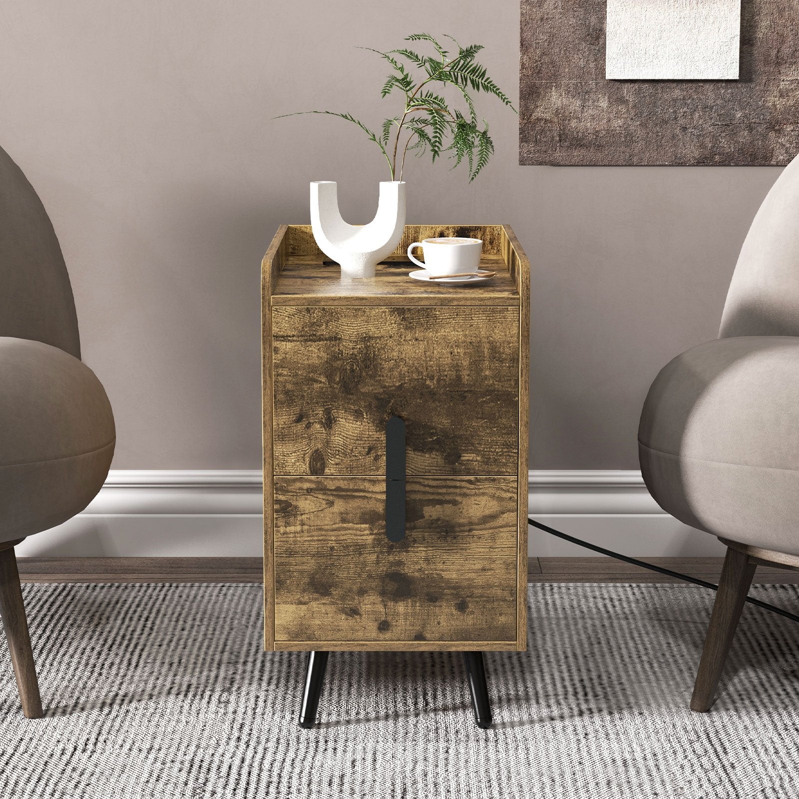 Nightstand Side Tables with 2 Drawers and 2 USB Ports, Rustic Brown Nightstands   at Gallery Canada