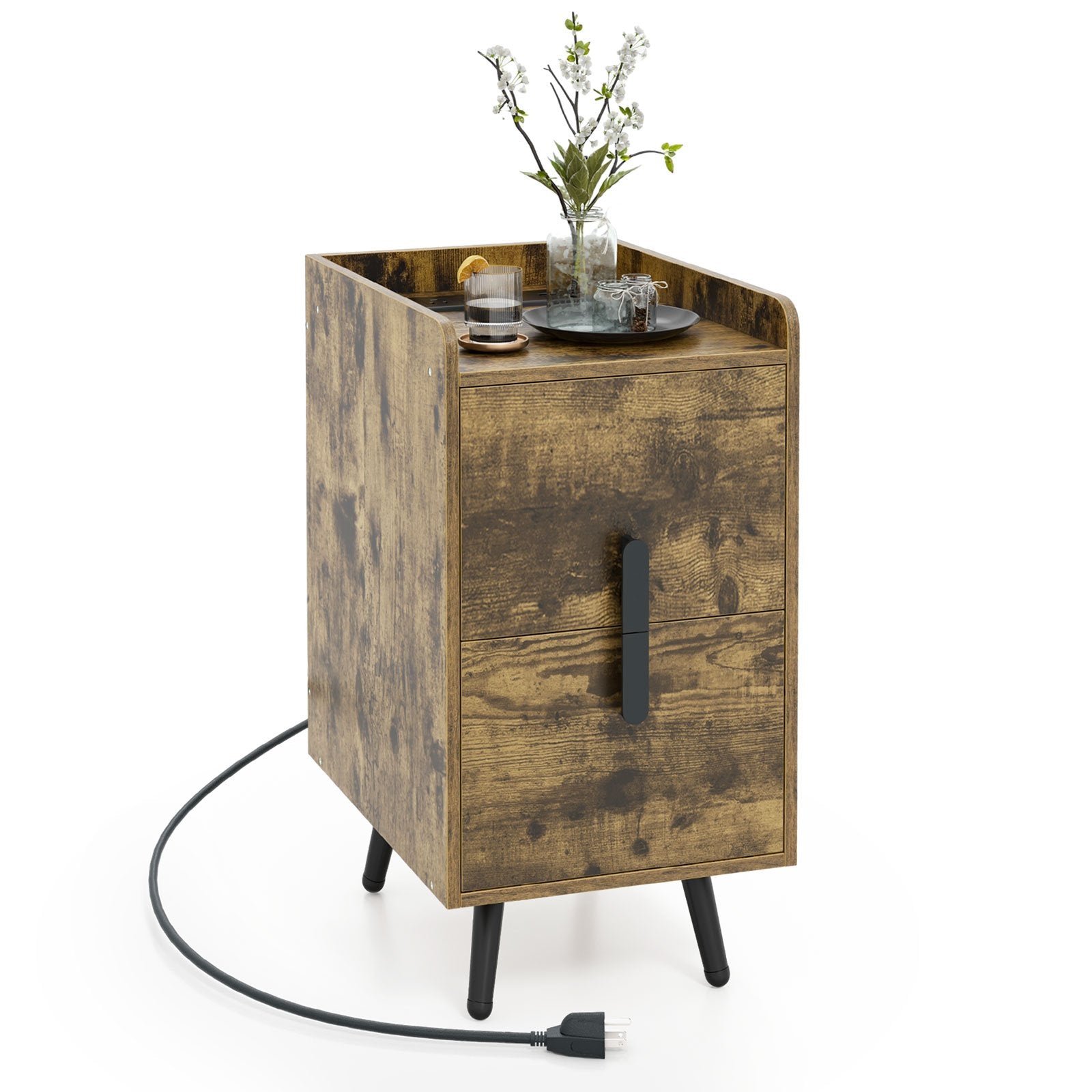 Nightstand Side Tables with 2 Drawers and 2 USB Ports, Rustic Brown Nightstands   at Gallery Canada