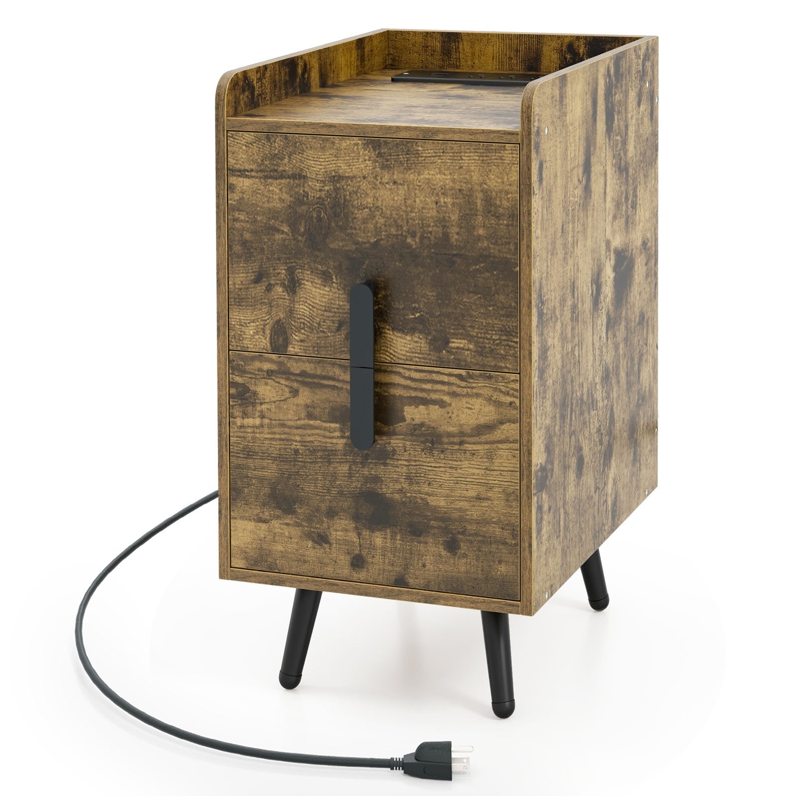 Nightstand Side Tables with 2 Drawers and 2 USB Ports, Rustic Brown Nightstands   at Gallery Canada