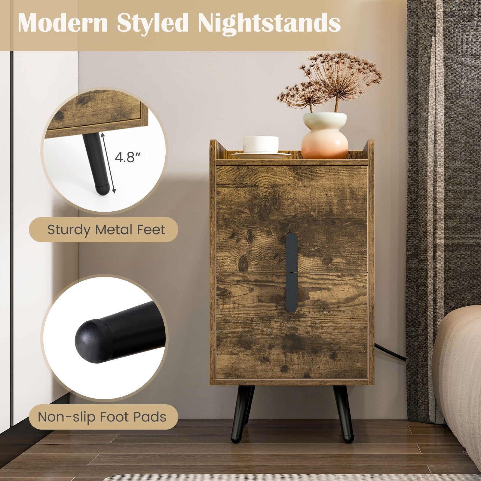 Nightstand Side Tables with 2 Drawers and 2 USB Ports, Rustic Brown Nightstands   at Gallery Canada