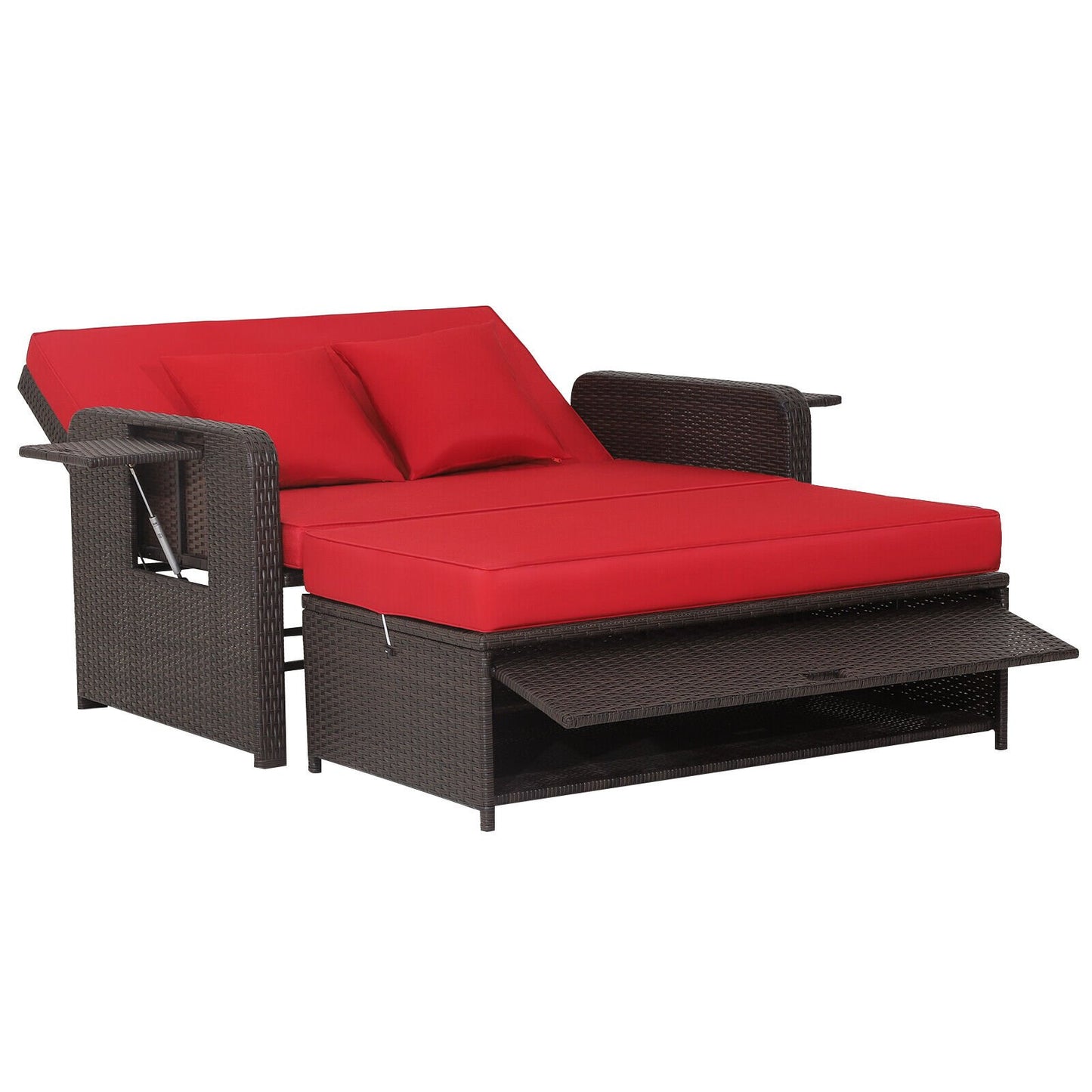 Patio Rattan Lounge Chair Set with 4-Level Adjustable Backrest and Retractable Side Tray, Red Outdoor Sectionals   at Gallery Canada