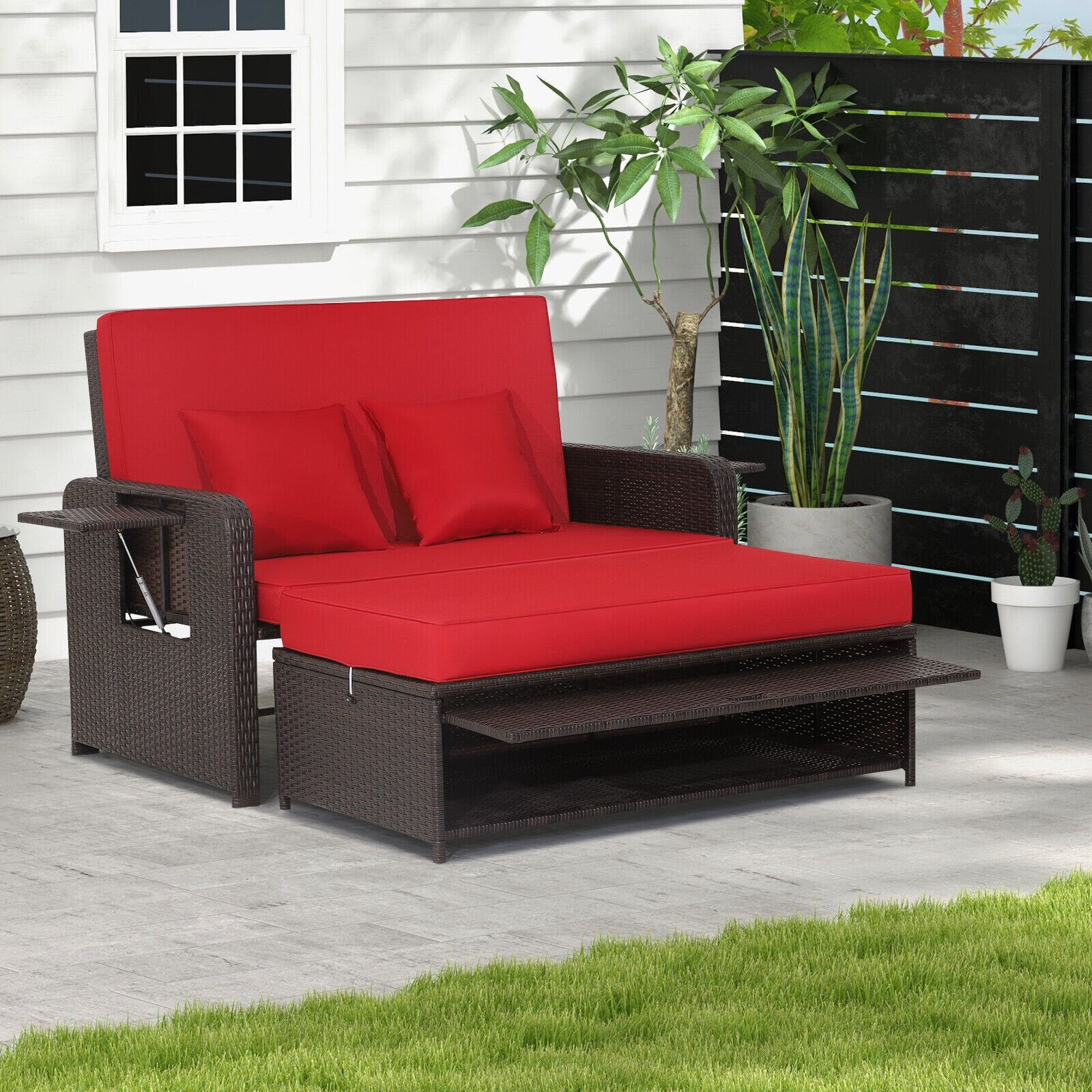 Patio Rattan Lounge Chair Set with 4-Level Adjustable Backrest and Retractable Side Tray, Red - Gallery Canada