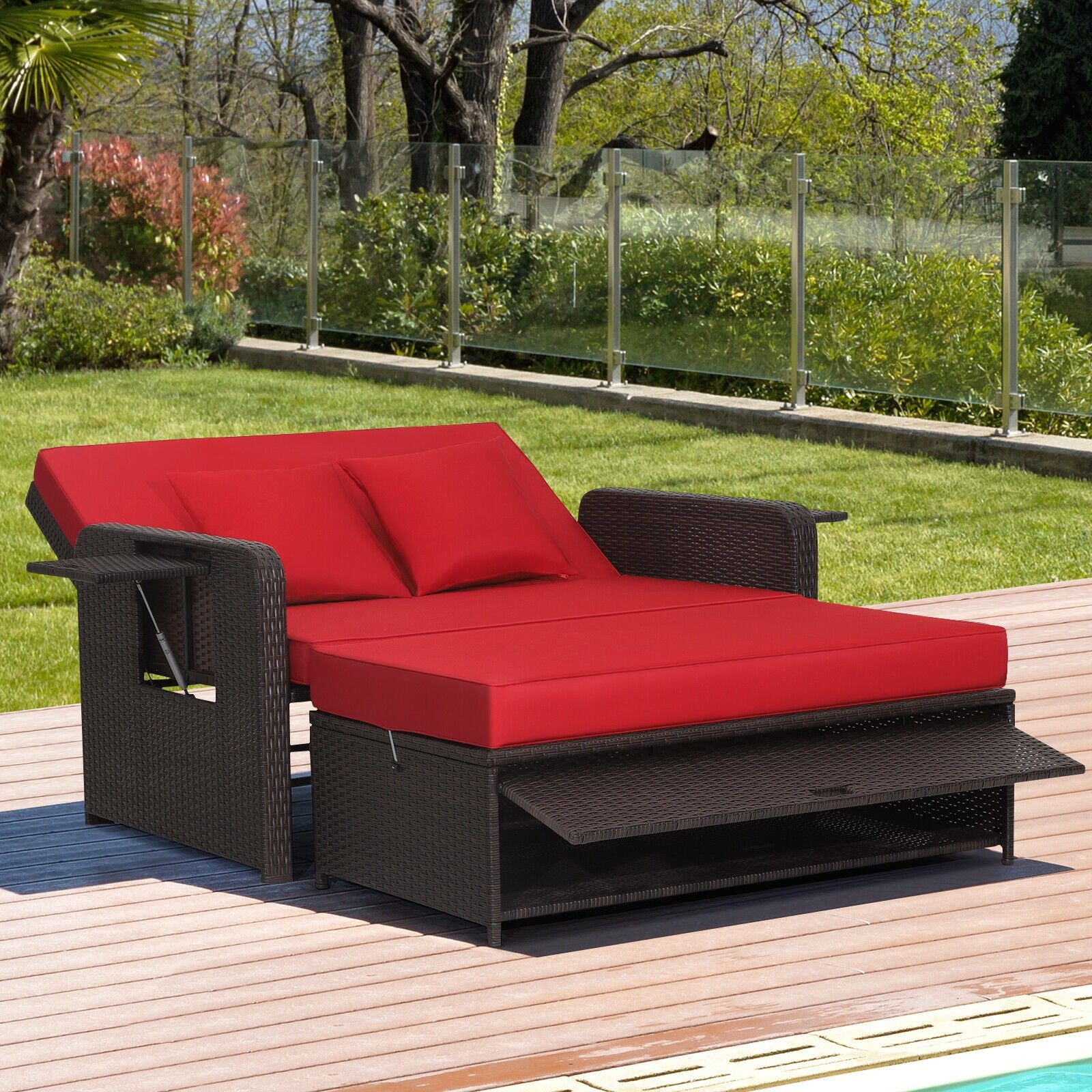 Patio Rattan Lounge Chair Set with 4-Level Adjustable Backrest and Retractable Side Tray, Red Outdoor Sectionals   at Gallery Canada