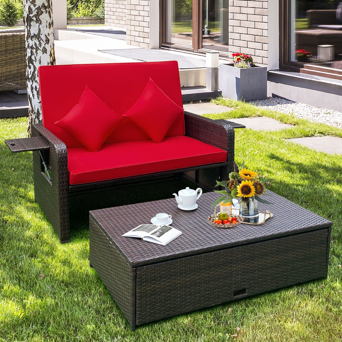 Patio Rattan Lounge Chair Set with 4-Level Adjustable Backrest and Retractable Side Tray, Red - Gallery Canada