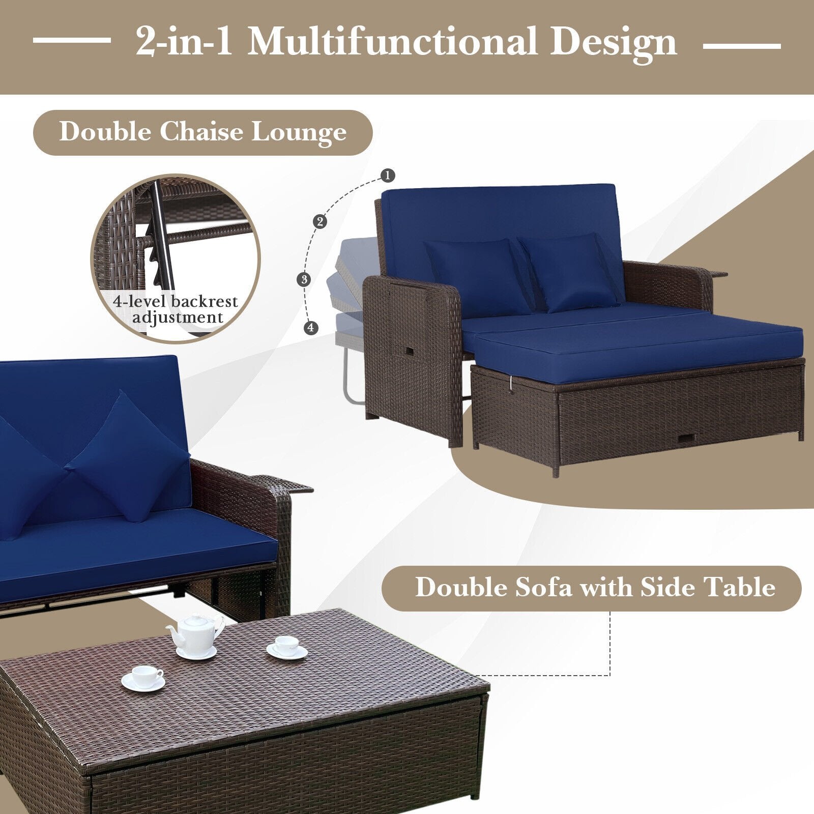 Patio Rattan Daybed with 4-Level Adjustable Backrest and Retractable Side Tray, Navy Outdoor Sectionals   at Gallery Canada